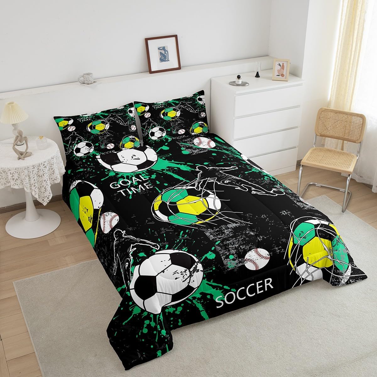 Feelyou Green Soccer Sports Comforter Set Twin, Football Game Comforter Set Hip Hop Graffiti Artwork Bedding for Boys Men Bedroom Decor