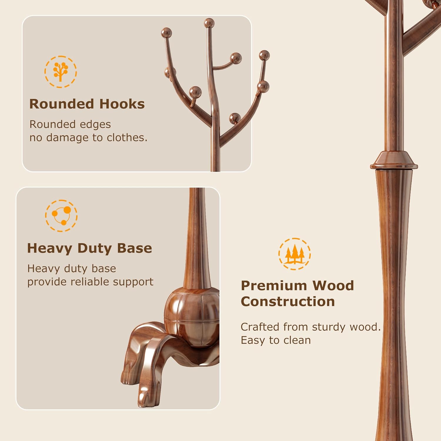 Wood Freestanding Coat Rack with 8 Hooks Wooden Hat Coat Tree Standing Clothes Hanger with Sturdy Sphere Base and Tree Branch Hooks 160lb Load Capacity for Entryway Hallway Bedroom, Walnut