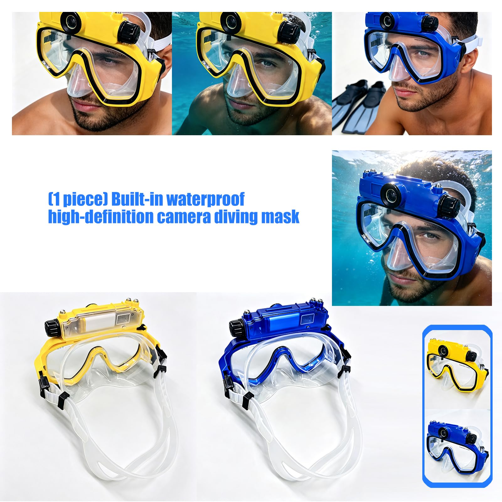 Gafas de buceo con cámara | Lente de vidrio templado, falda de silicona, correa ajustable para esnórquel, aventuras acuáticas en la piscina
