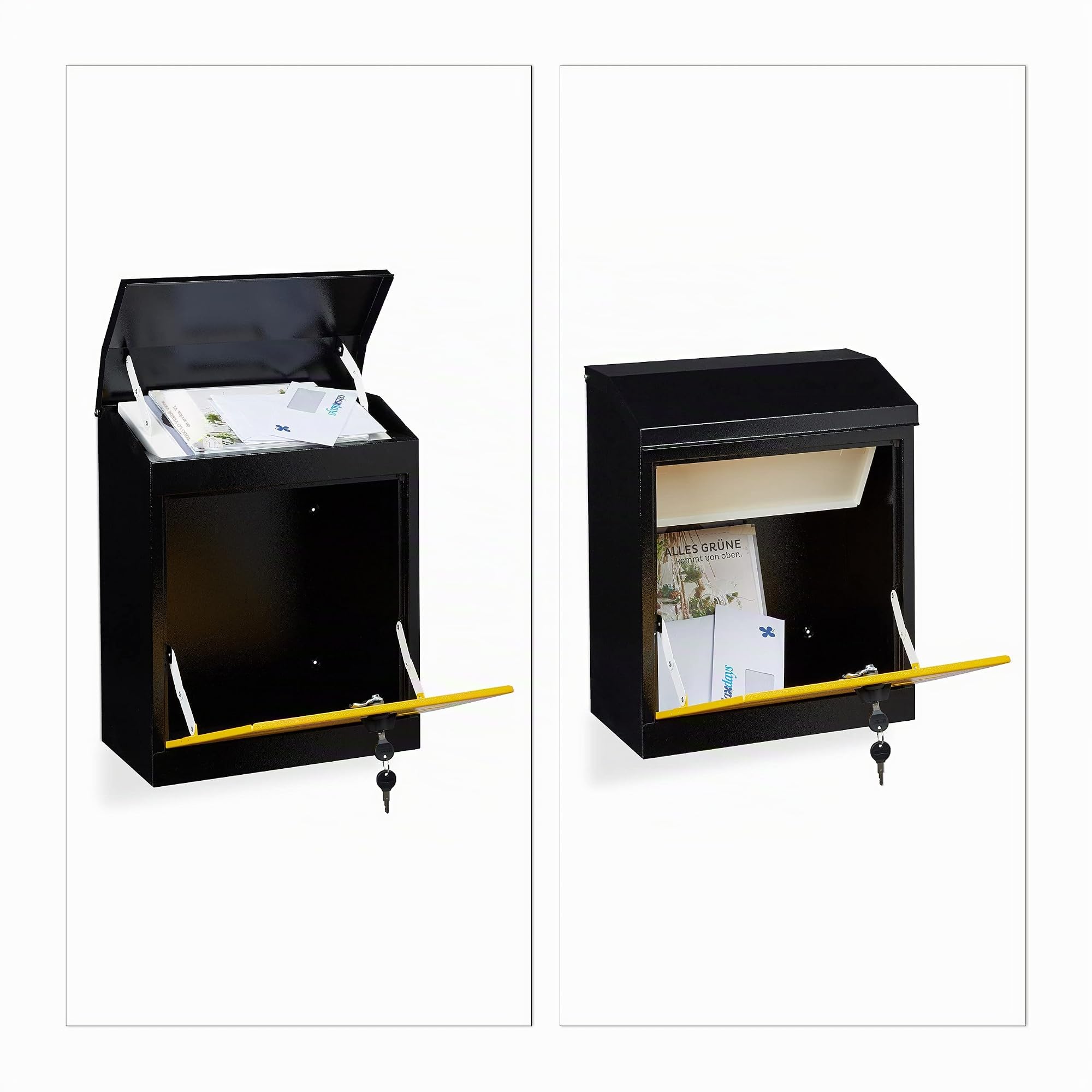 Relaxdays Buzón Correos Exterior Grande, Pared, Tapa Seguridad, Llave, Acero, 1 Ud., 53 x 43,5 x 26 cm, Negro-Amarillo