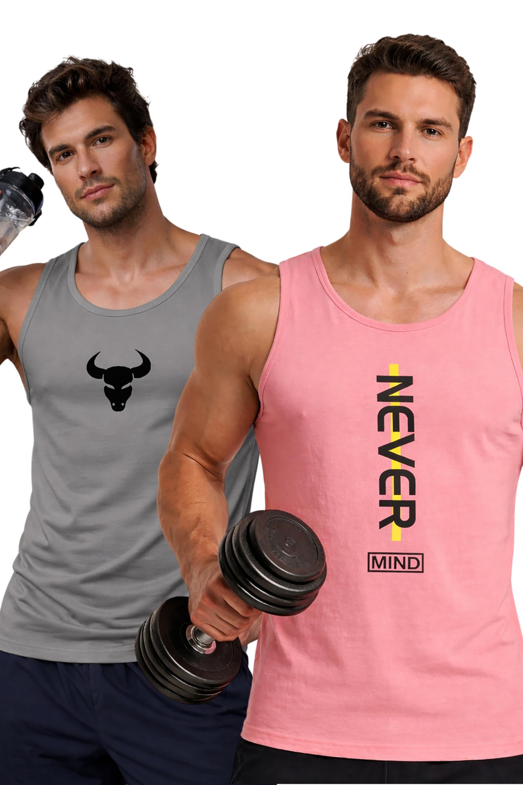 Polyester Letter Printed Vest for Men - Pack of 2 - Pink & Grey | Round Neck | Sleeveless | Regular Fit | Summer & Gym Wear Tank Top for Men-image-9