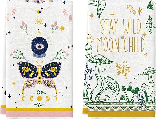 Artoid Mode Juego de 2 toallas de cocina modernas con diseño de hongos, 18 x 26 pulgadas, diseño de luna salvaje, diseño de mariposa, para