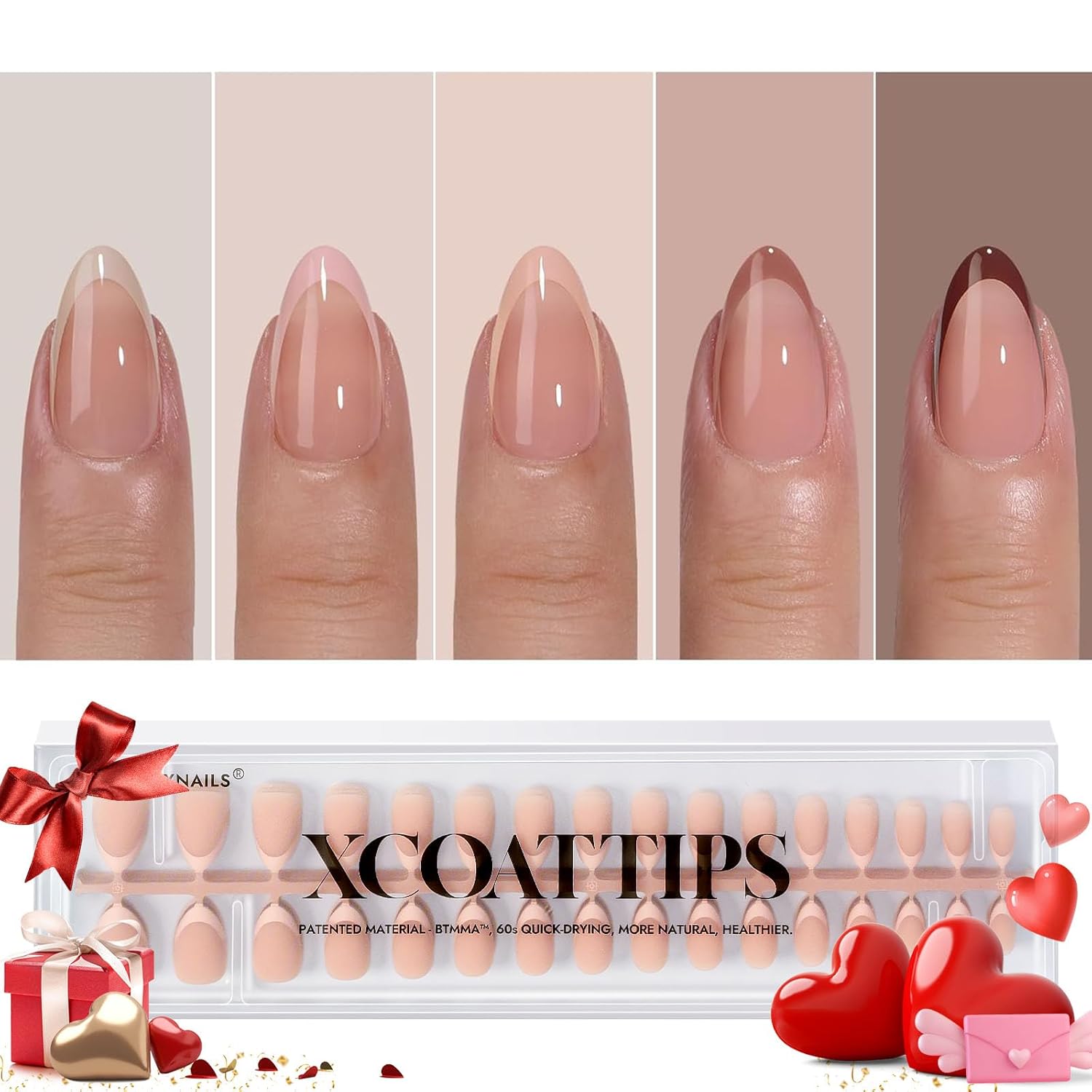 BTArtboxnails XCOATTIPS Press on Nails – French Tip Press on Nails, Fake Nails Short Almond Nail Tips, Skin Tones Soft Gel Nails False Nail, Soak Off Acrylic Nails Valentines Day Gift