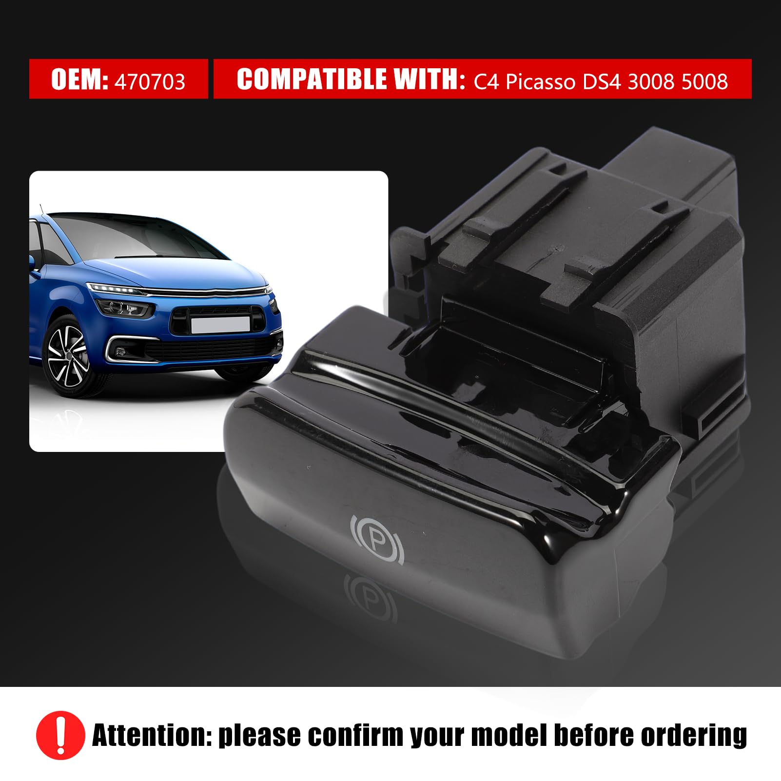 FineBoing Interruttore Freno A Mano Interruttore di Parcheggio Elettronico Pulsante Luminoso nero 470703 Per P-eugeot 3008 5008 Citr0en C4 (Nero Brillante)