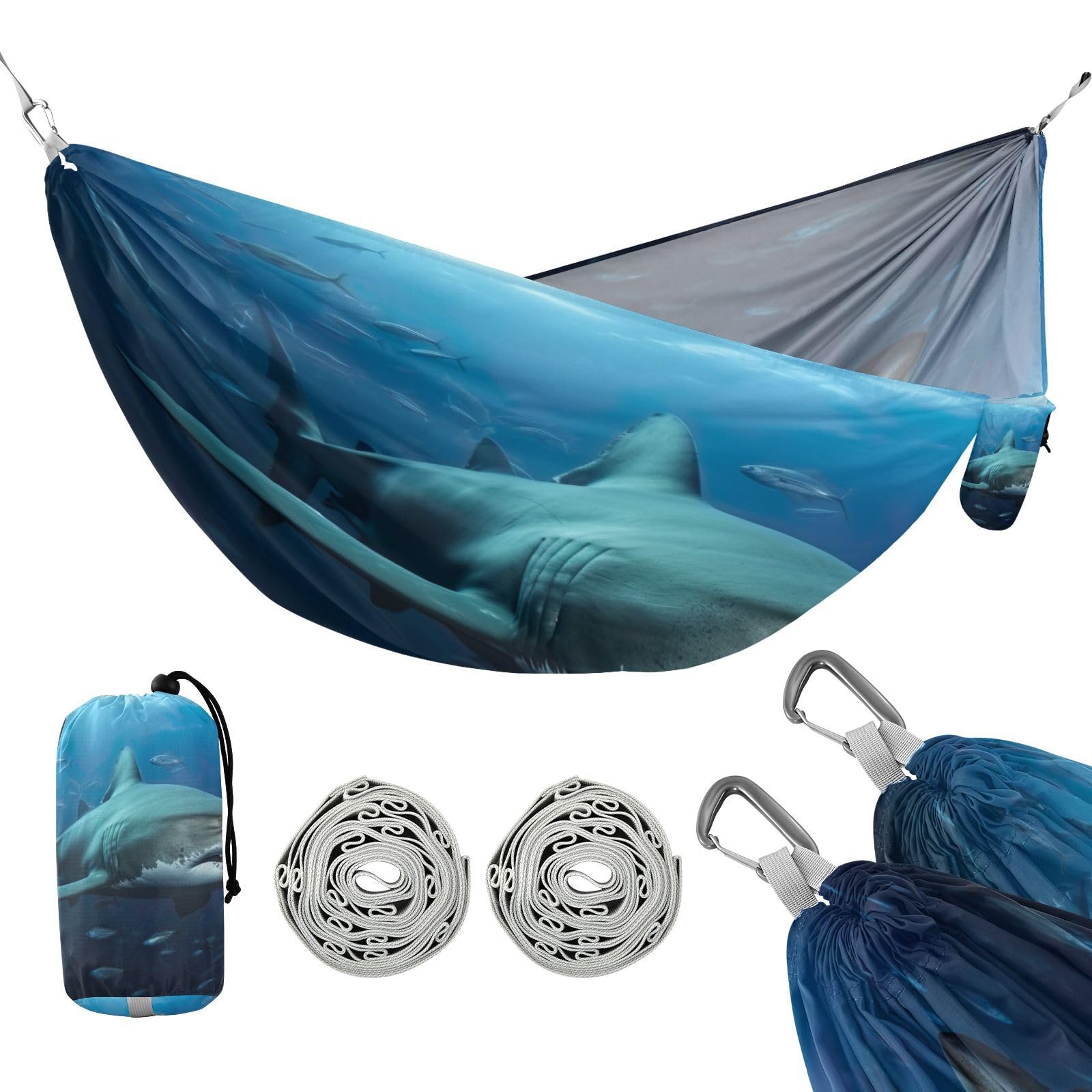 SDMKA Atlantic Giant Shark Camping Hammock, 330 lbs with 2 Tree Straps, Carry Bag, Single Portable Hammock for Outdoor/Indoor, Hiking, Beach, Backpacking, Travel