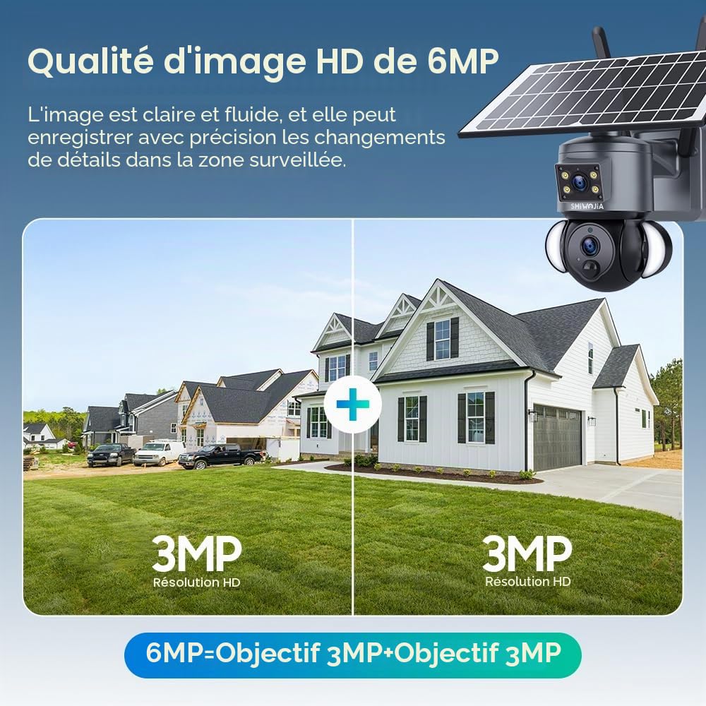SHIWOJIA Camera Solaire Exterieur WiFi sans Fil, 6MP Double Objectif Camera Surveillance Exterieure, Détection Humaine Vision Nocturne Couleur Audio Bidirectionnel, Batterie + Panneau Solaire