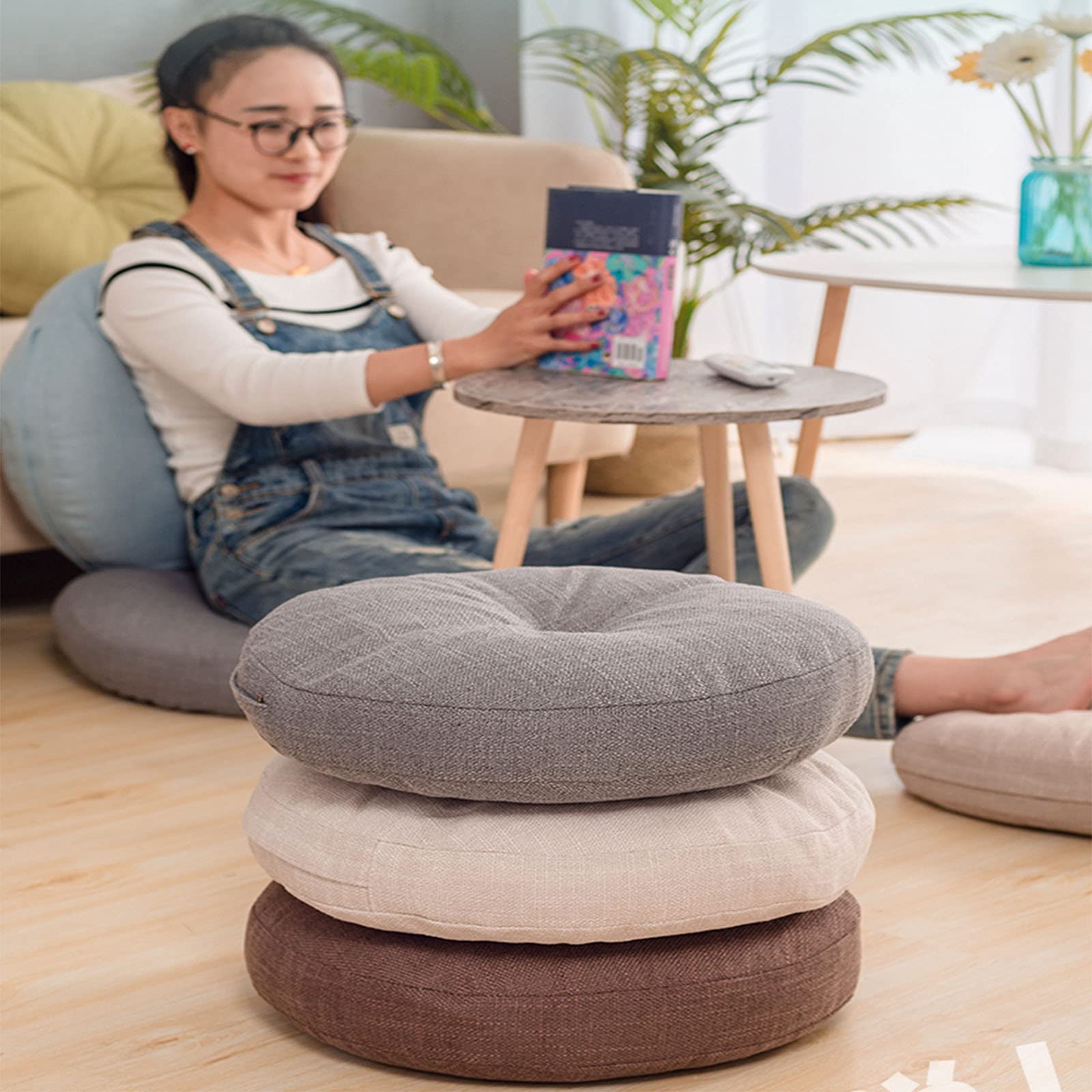 Rond Japans linnen tatami vloerkussen, getuft effen kleur
