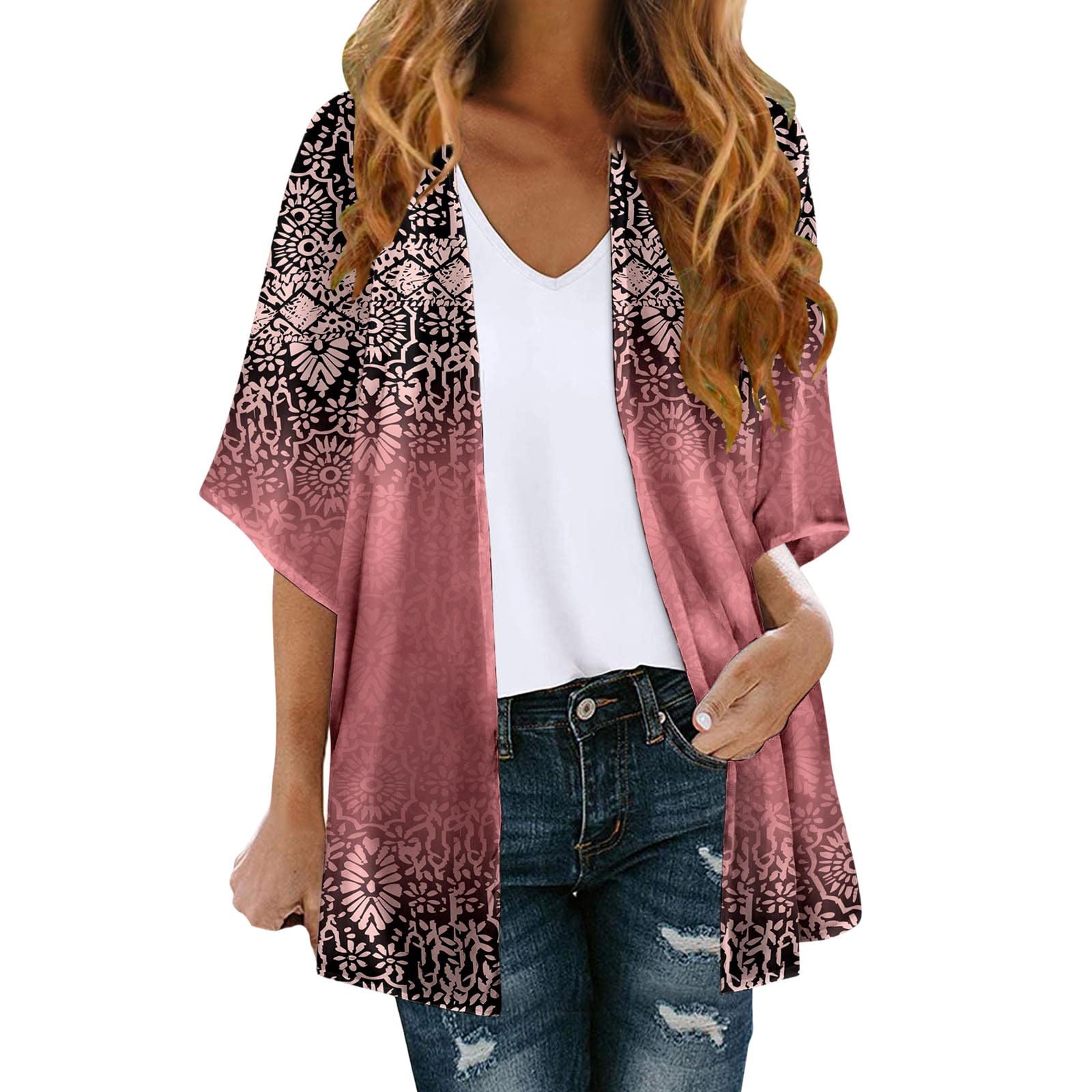 TDEOK Kimono de baño para mujer, cárdigan, tallas grandes, abrigo de playa, largo de verano, vestido de playa, ligero, traje de baño, chaqueta de playa, chaqueta de playa de manga corta 7/8, toalla de