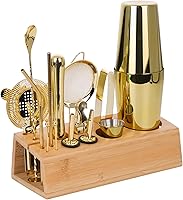 Vista 6 de Juego de coctelera con soporte de bambú, juego de barra de acero inoxidable de 15 piezas, accesorios de barra de acero inoxidable, kit profesional