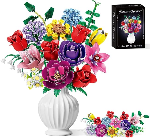 Flower Bouquet Building Block Set, 16 Artificial Flowers Include Rose, Sunflower, Botanical Collection for Home & Office Decor, Floral Present for Her, Christmas, Valentine's Day, Birthdays, 907 PCS