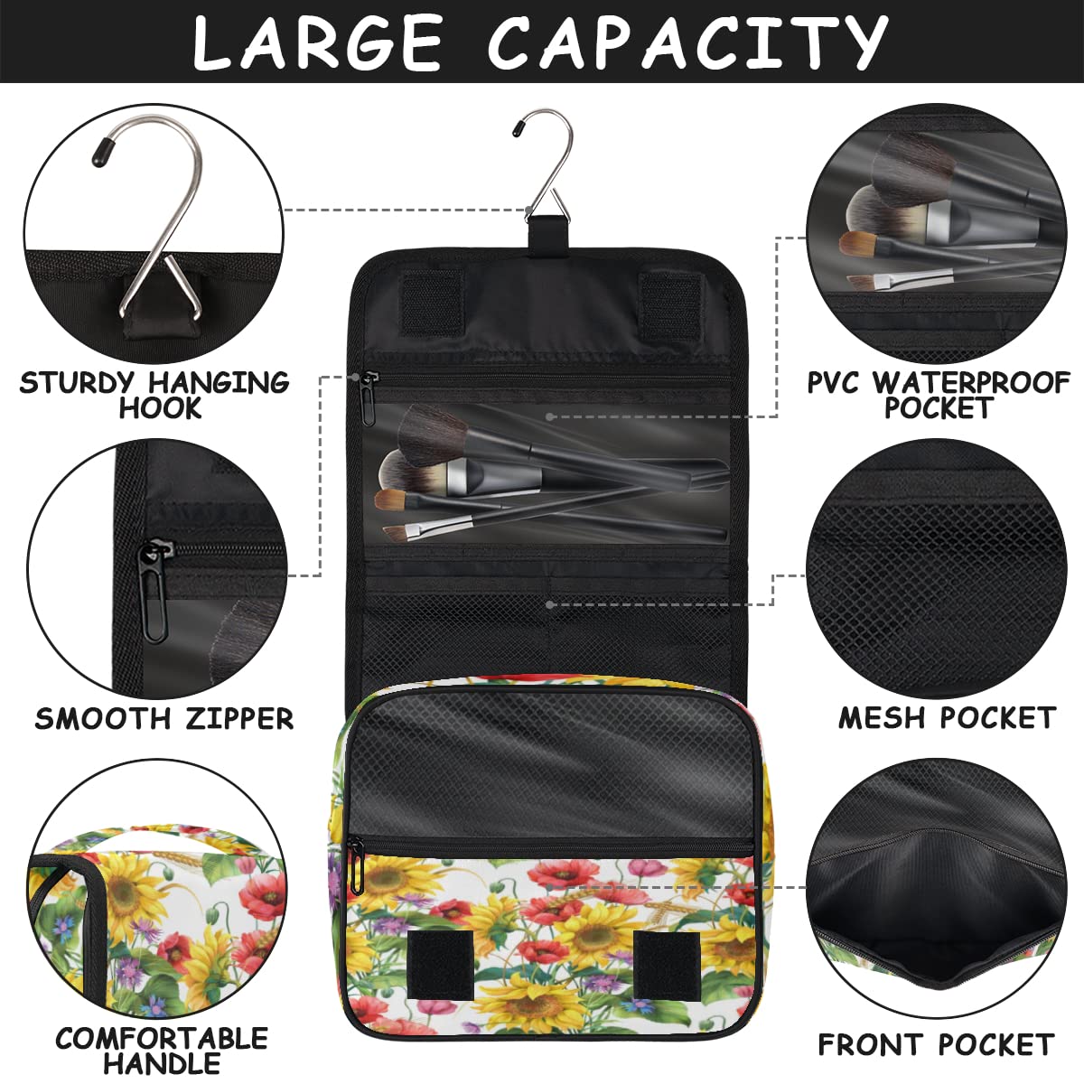 Wiosna Lato Kwiaty Podróżna Kosmetyczka Letnia Słonecznik Mycie Torba Unisex Wiszące przybory toaletowe Kosmetyczka Organizer do makijażu, wielobarwny, Jeden rozmiar