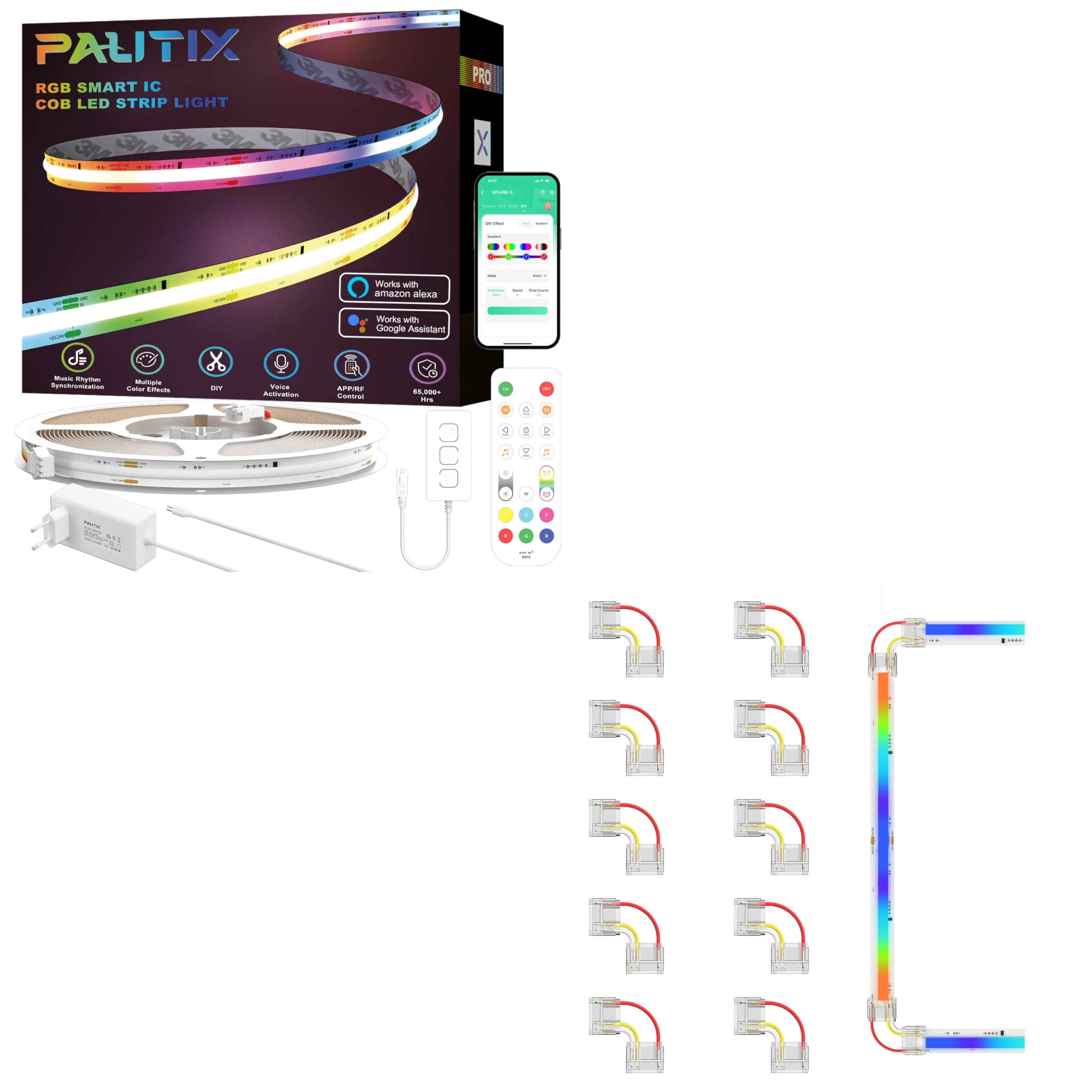 PAUTIX RGB Smart IC Ruban LED COB 10M Kit, DC24V Pixels à Changement de Couleur Adressable Smart RGB LED Bande Lumineuse Travailler pour Alexa/Google Assistant, 12mm 3 Broches L-forme COB Connecteur