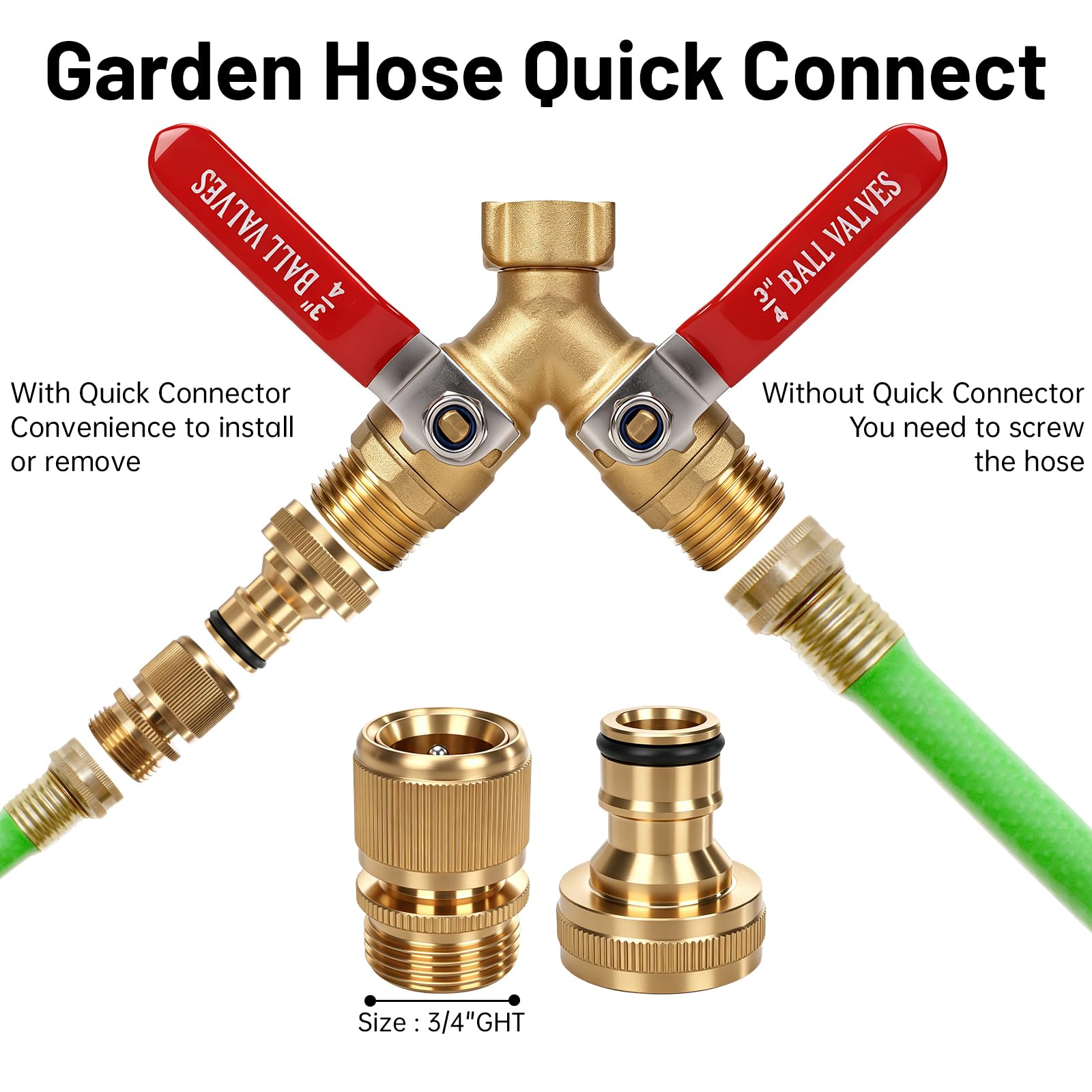 Splitter per tubo da giardino a 2 vie, in ottone resistente, valvola a Y a | con filtro e set di connessione rapida, manico in acciaio inossidabile 304, adattatore per acqua a flusso completo per prato