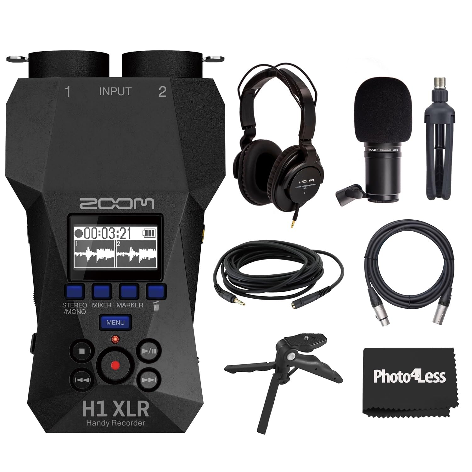 Zoom H1 XLR Handy Recorder, Bundle with Zoom ZDM-1 Podcast Mic Pack with Headphones, Windscreen, XLR Cable and Tabletop Stand, and Table Tripod Hand Grip
