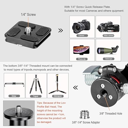 Miniatura 5 de Koolehaoda Cabeza de trípode, mini cámara de cabeza esférica, cabeza panorámica de 360  con tornillo de 14 de pulgada, placa de liberación rápida,