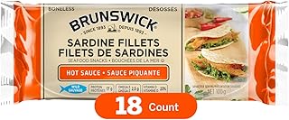 Brunswick Sardine Fillets Seafood Snacks in Hot Sauce 100g, 18 Count - Canned Sardines – High in Protein - Contains Omega-3 – Excellent Source of Vitamin D – Contains Iron - Ready to Eat