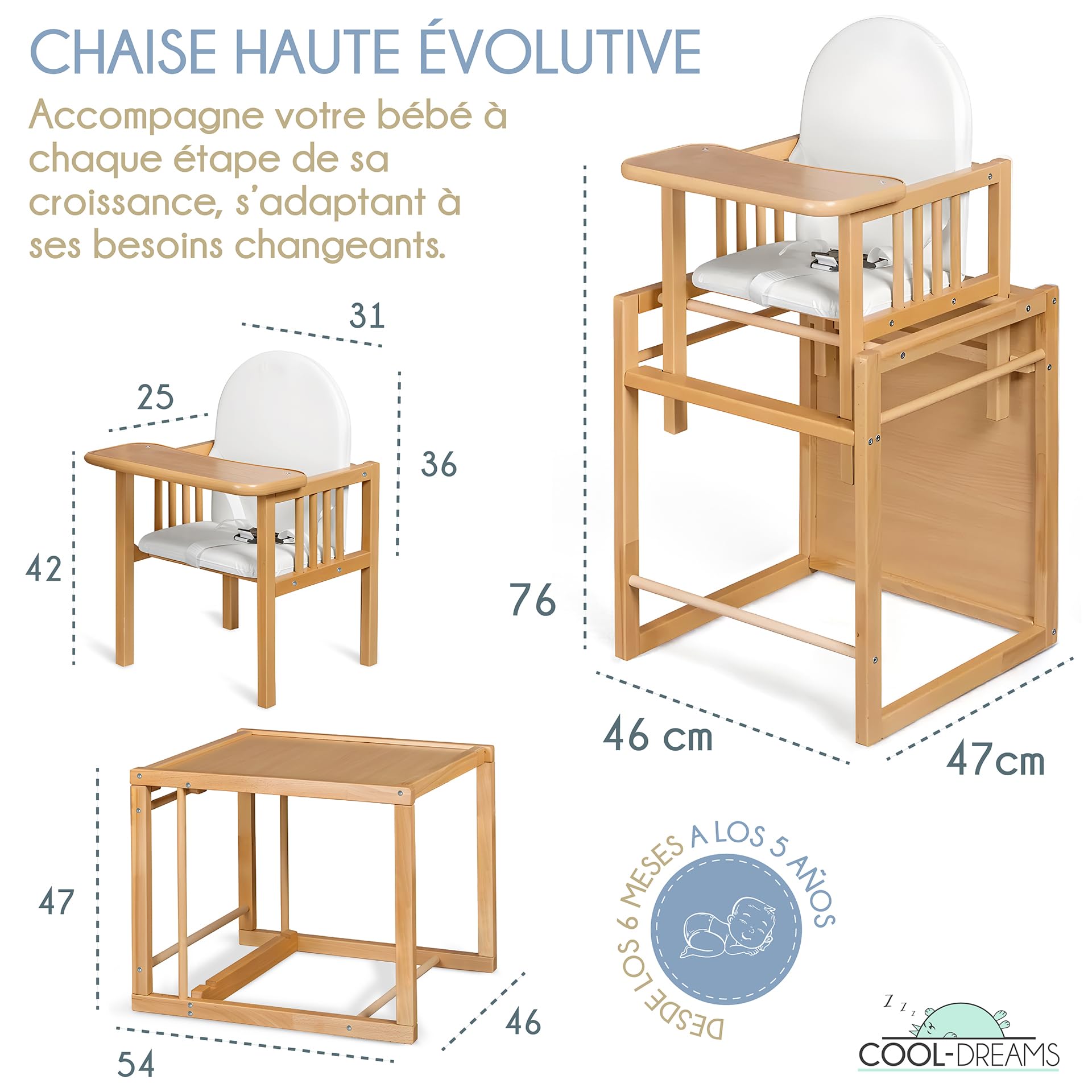 Chaise haute évolutive portable Evoluonge pour bébé en bois de hêtre Convertible en table et en chaise haute Assise rembourrée CoolDreams