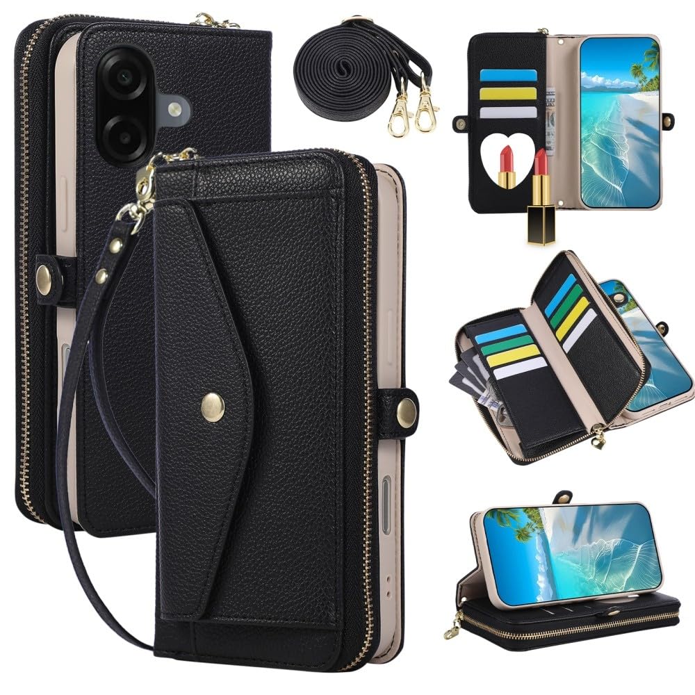 Generic - Funda con tapa para Samsung Galaxy A35 5G (color negro) con cierre de cremallera y correa para el hombro
