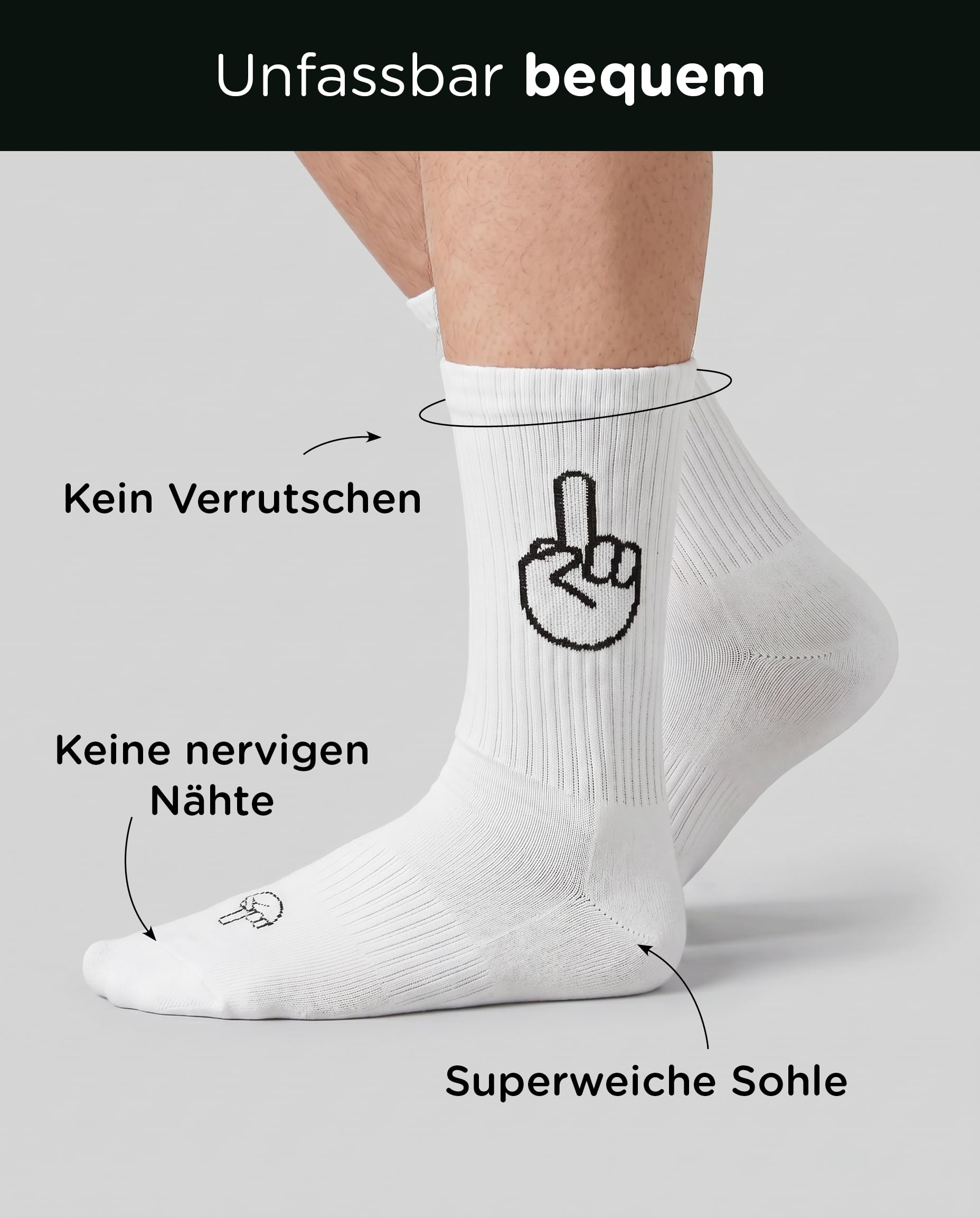 FYNGERS | 3er Set | Sportsocken mit Handzeichen | Weiß | Bio-Baumwolle | Top Qualität
