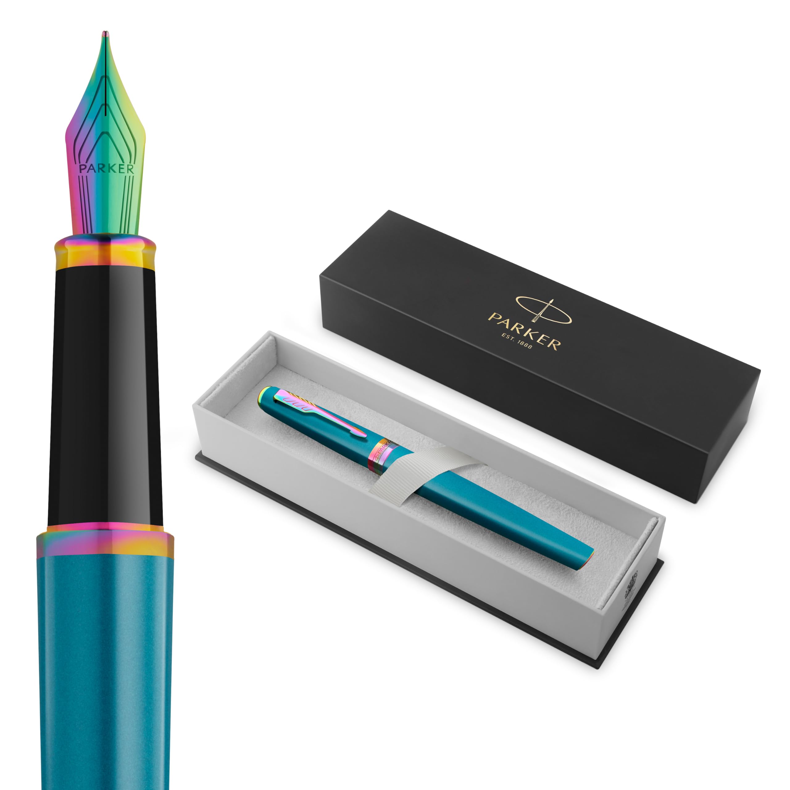 Parker Meridian Stylo plume | Laque turquoise avec bordures arc-en-ciel | Plume fine | Stylos pour l'écriture et Fournitures de papeterie | Encre bleue | Boîte cadeau de luxe