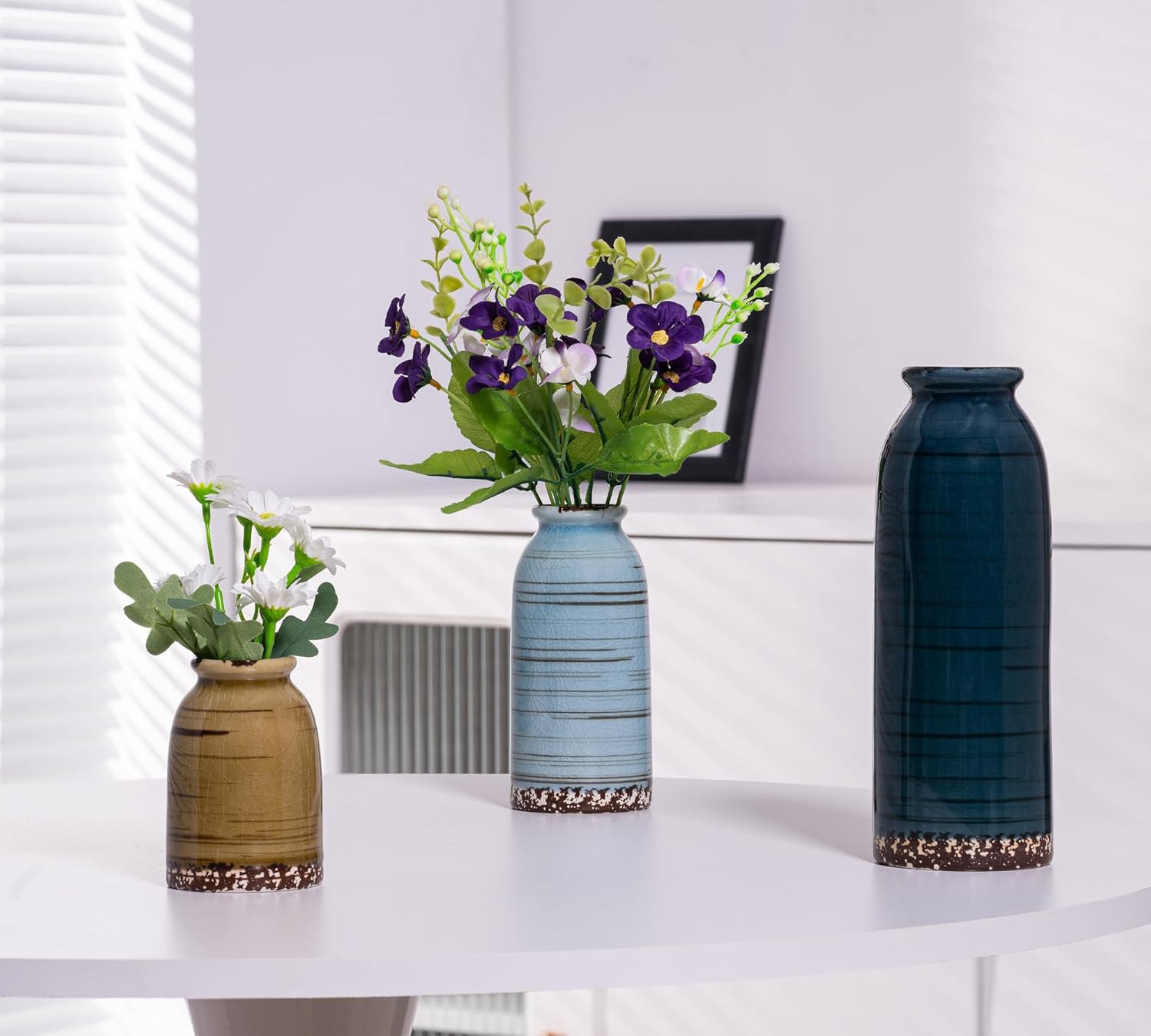 Ceramic Vase Set of 3, Farmhouse Decorative Vase for Pampas Grass, Living Room, Bathroom,Bookshelf, Centerpieces (Blue/Navy Blue/Yellow) - Image 5