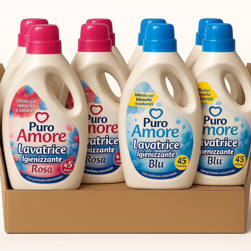 Puro Amore Detergente Liquido Lavatrice, Igienizzante Rosa e Blu, Profumo Concentrato, per Bianchi e Colorati, 2 Fragranze, 45 Lavaggi ciascuna – Confezione da 2, 4 o 6 pezzi (6)
