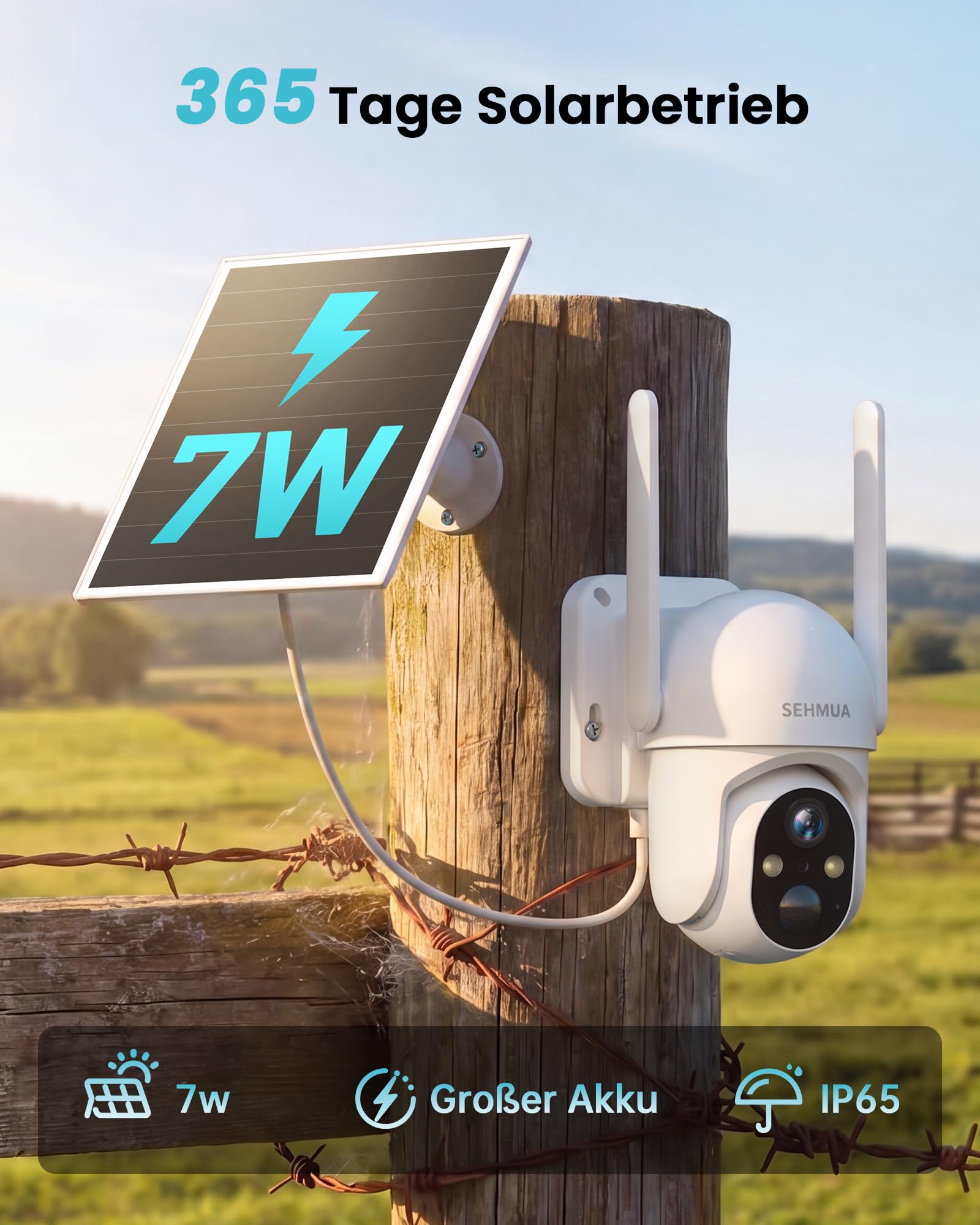 SEHMUA 24/7 AOV 4G LTE Überwachungskamera Aussen Solar SIM, 2K PTZ Überwachungskamera Aussen Ohne WLAN mit 7W Solarpanel, 20M Farbnachtsicht, KI-Erkennung, 2-Wege-Audio, PIR Erkennung, eSIM
