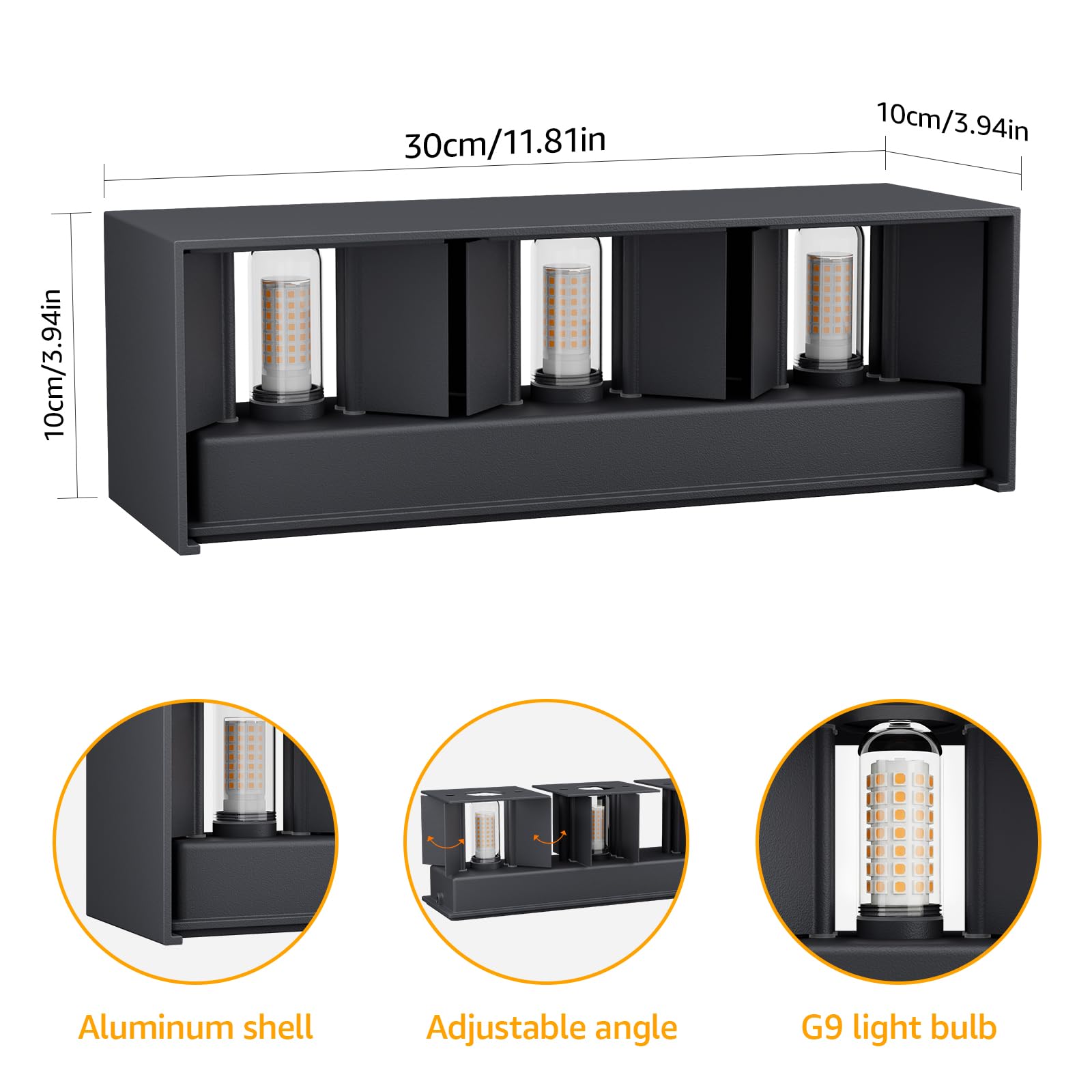 Klighten Wandleuchte Aussen/Innen mit Austauschbarer G9 LED Lampe Warmweiß 3000K, 27W LED Außenwandleuchten Einstellbar Abstrahlwinkel Aussenlampe für Wohnzimmer Garten Terrasse Eingang, Anthrazit
