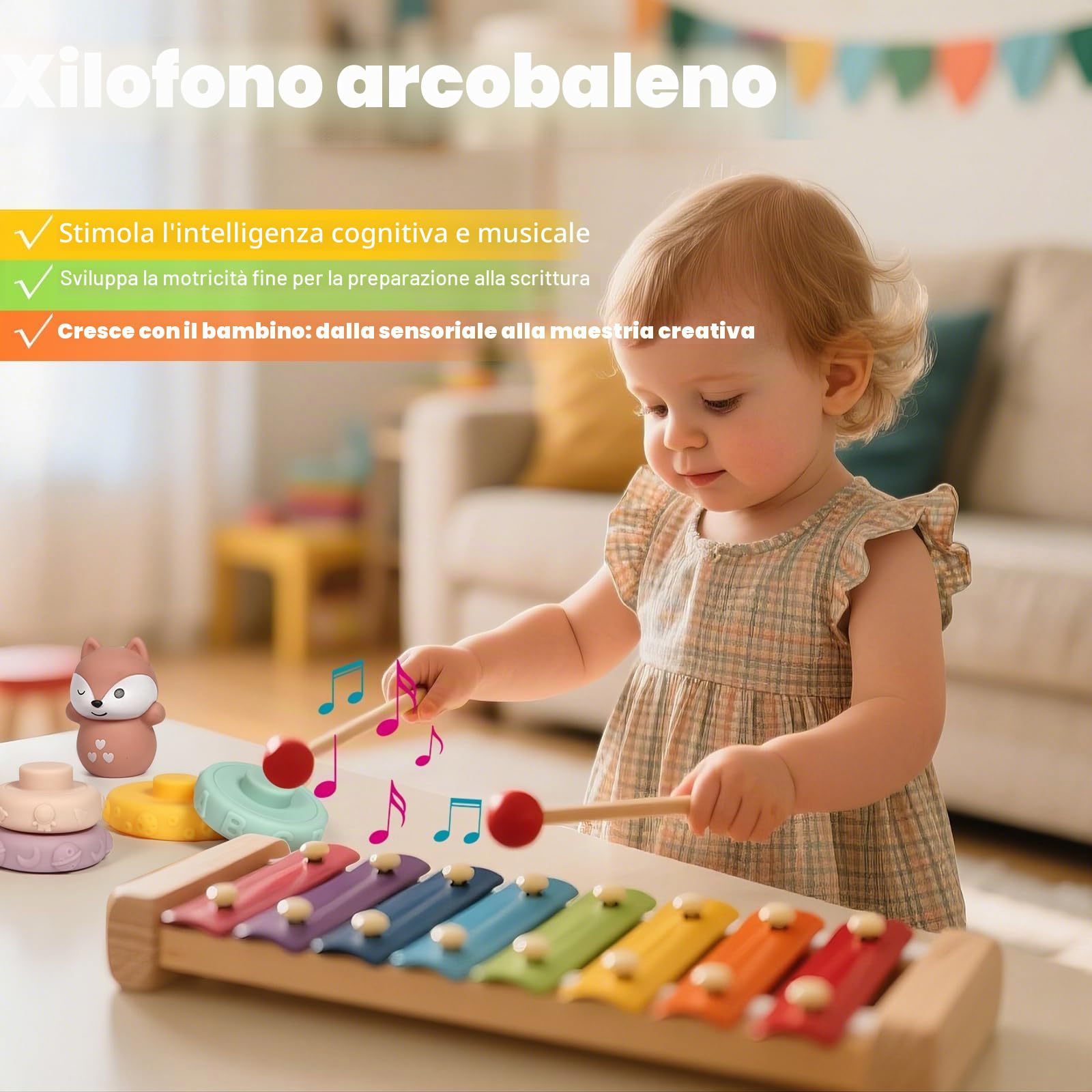 LearnToy Montessori Set Attività 7 in 1 per Bambini 18-36 Mesi - Giocattoli con Blocchi impilabili, Massaggiagengive e Gioco Sensoriale, Idea Regalo