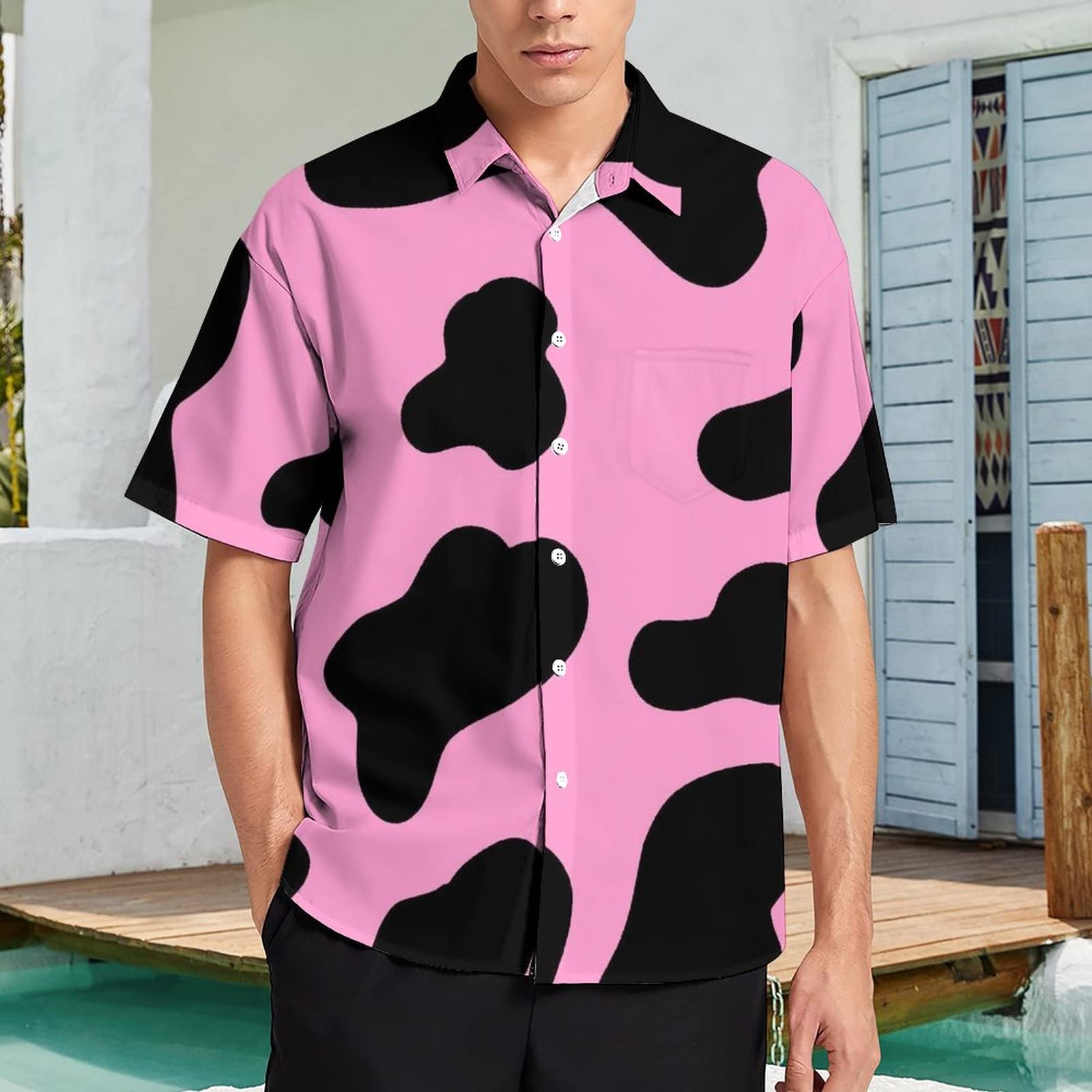 ピンクと黒のヒョウ柄半袖シャツ