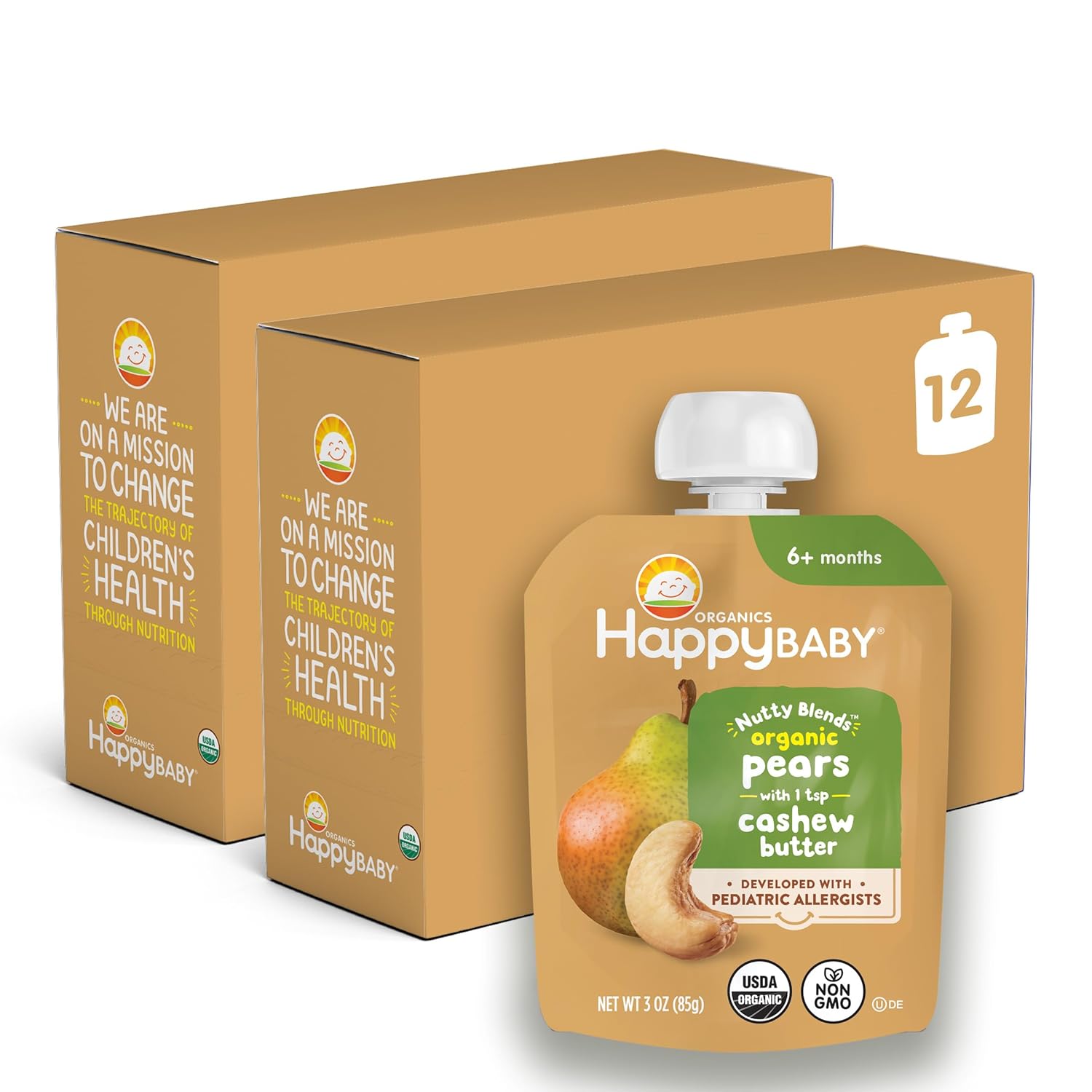Happy Baby Organics Stage 2 Baby Food Pouches, Gluten Free, Vegan Snack, Nutty Blends, Pears & Cashew Butter, 3 Ounce (Pack of 12) Pears & Cashew Butter Pack of 12