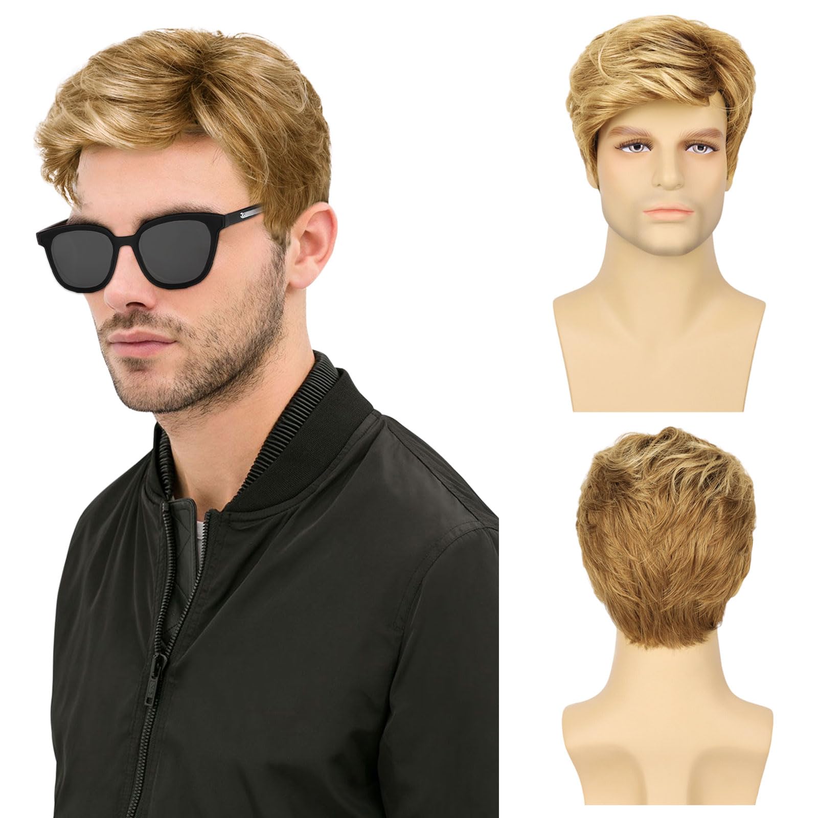 TSHAOUN Mens Short Wig Blonde Layered Natural Handsome Wavy Hair Wig 80s Disco Short Curly Fluffy Cosplay