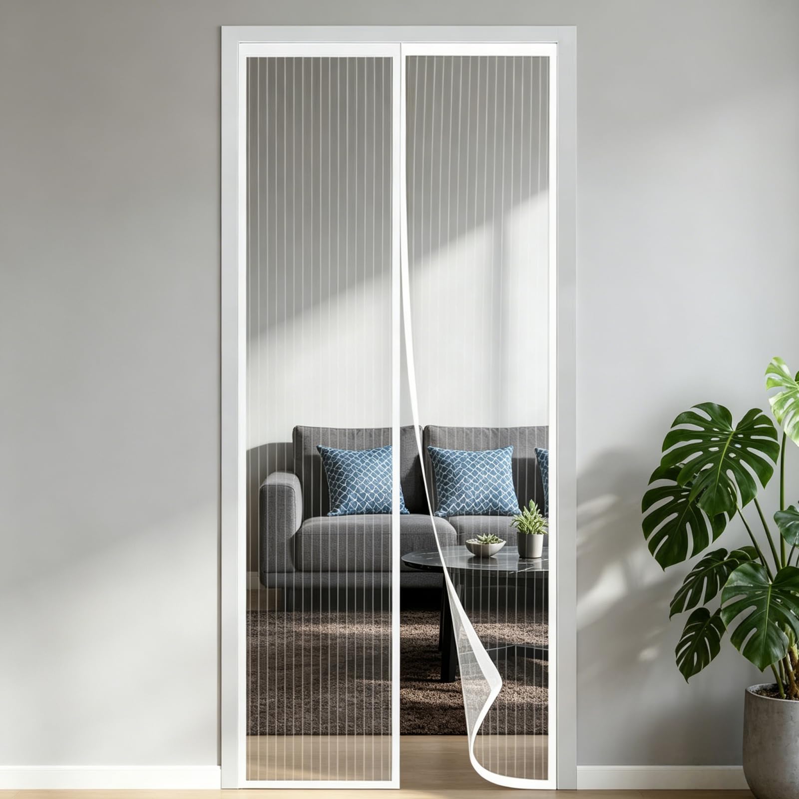Magnetic Screen Door 64 x 182 cm Powerful Magnets Full Frame Magic Tape Door Fly Screen No Drill Installation Automatically Closes for Patio Doors Balcony Bedroom Doors, White