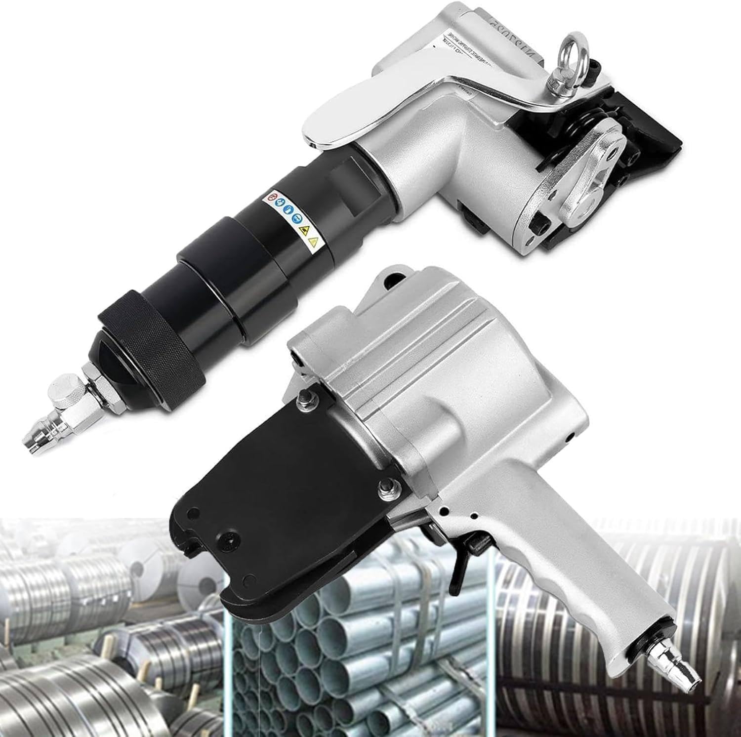 JozyJul Pneumatic Steel Strapping Machine for 0.75-1.26 inch Width, 0.031-0.047in thickness Metal Belt,Air Combined Split Banding Tool, Tensioner and Cutter Sealer for High Tensile Packaging 19mm