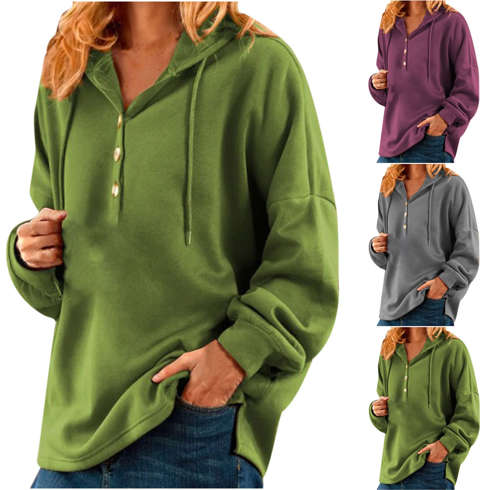 fesfesfes Womens Oversized Hoodies Pullover Button V Neck Drop Shoulder Tunic Sweatshirt Solid Color Block Shirts Plus Size