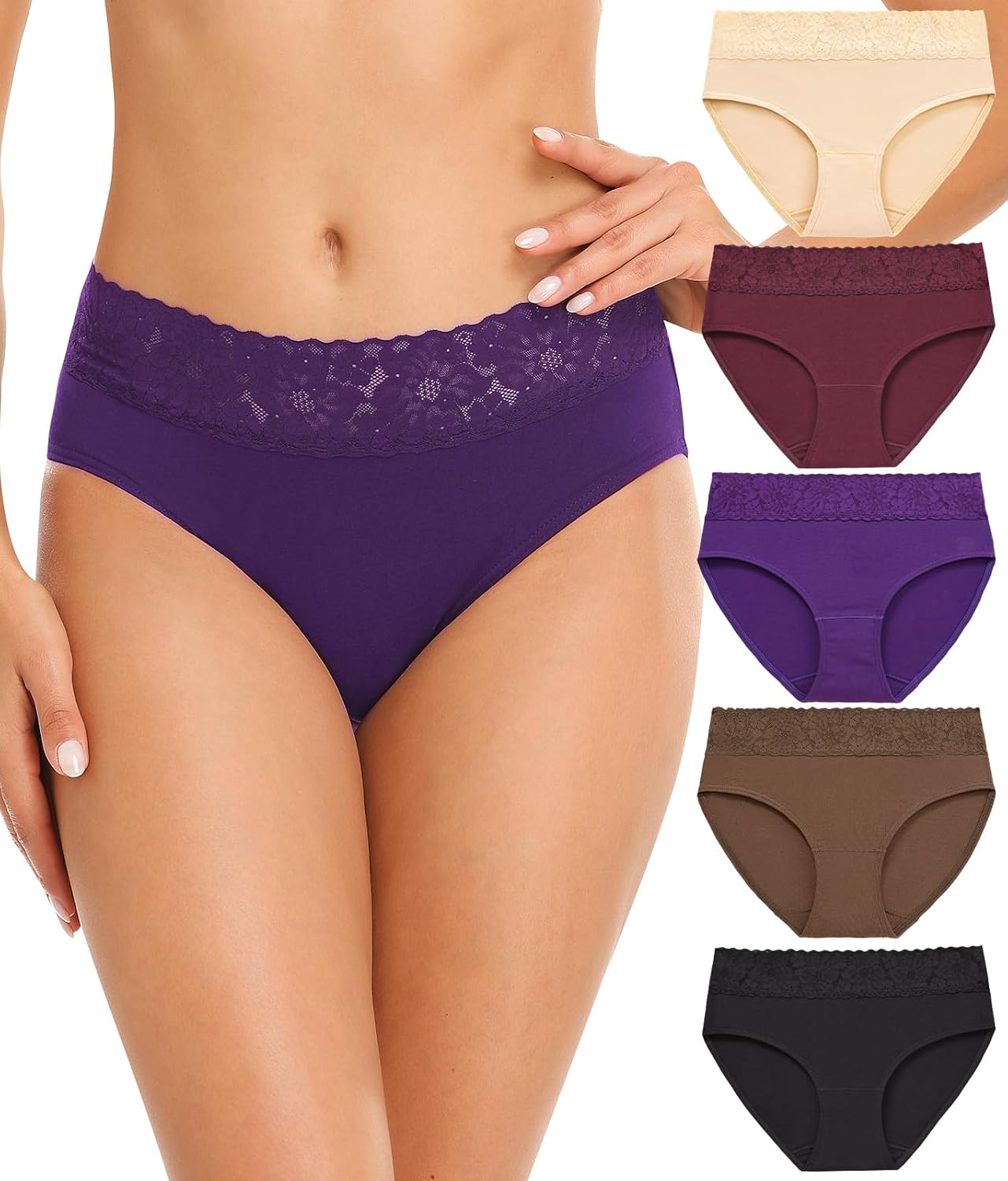 RHYFF Womens Underwear Cotton Bikini Panties Lace Soft Hipster Panty Ladies Stretch Full Briefs 5 Pack