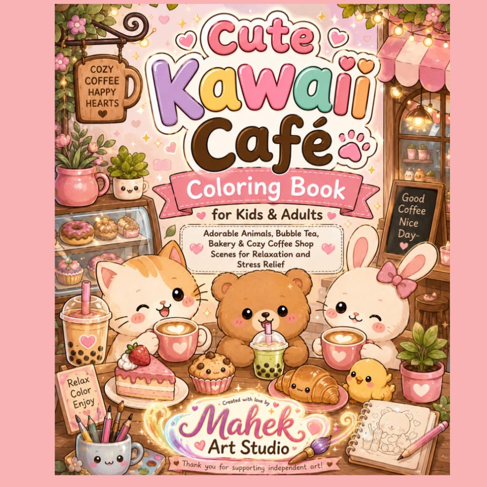 Cute Kawaii Café Coloring Book for Kids & Adults: Adorable Animals, Bubble Tea, Bakery & Cozy Coffee Shop Scenes for Relaxation and Stress Relief