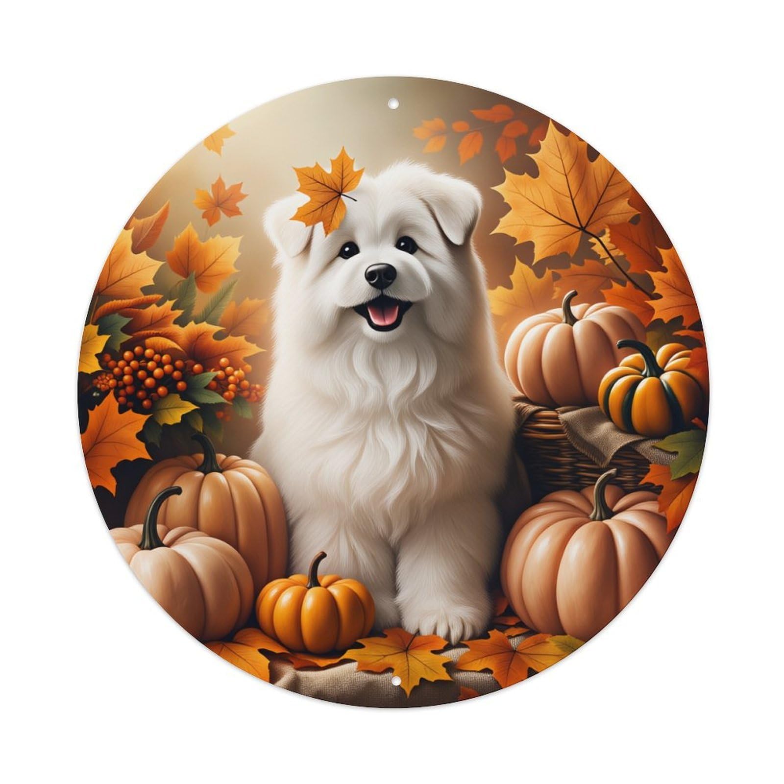 Autumn Leaves Pumpkins Dog Fluffy Metal Tin Sign Vintage Garden Bedroom Cafe Bar Man Cave Home Wall Decor Metal Poster 8x8 inches