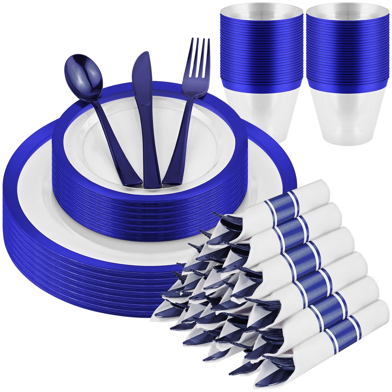 Photo 1 of 210 Pcs Blue Plastic Dinnerware Set for 30 Guests - Includes 30 Set of Dinner Plates, Dessert Plates, Clear Plastic Cups, and Blue Pre-Rolled Napkins with Cutlery Set, Disposable Party Supplies