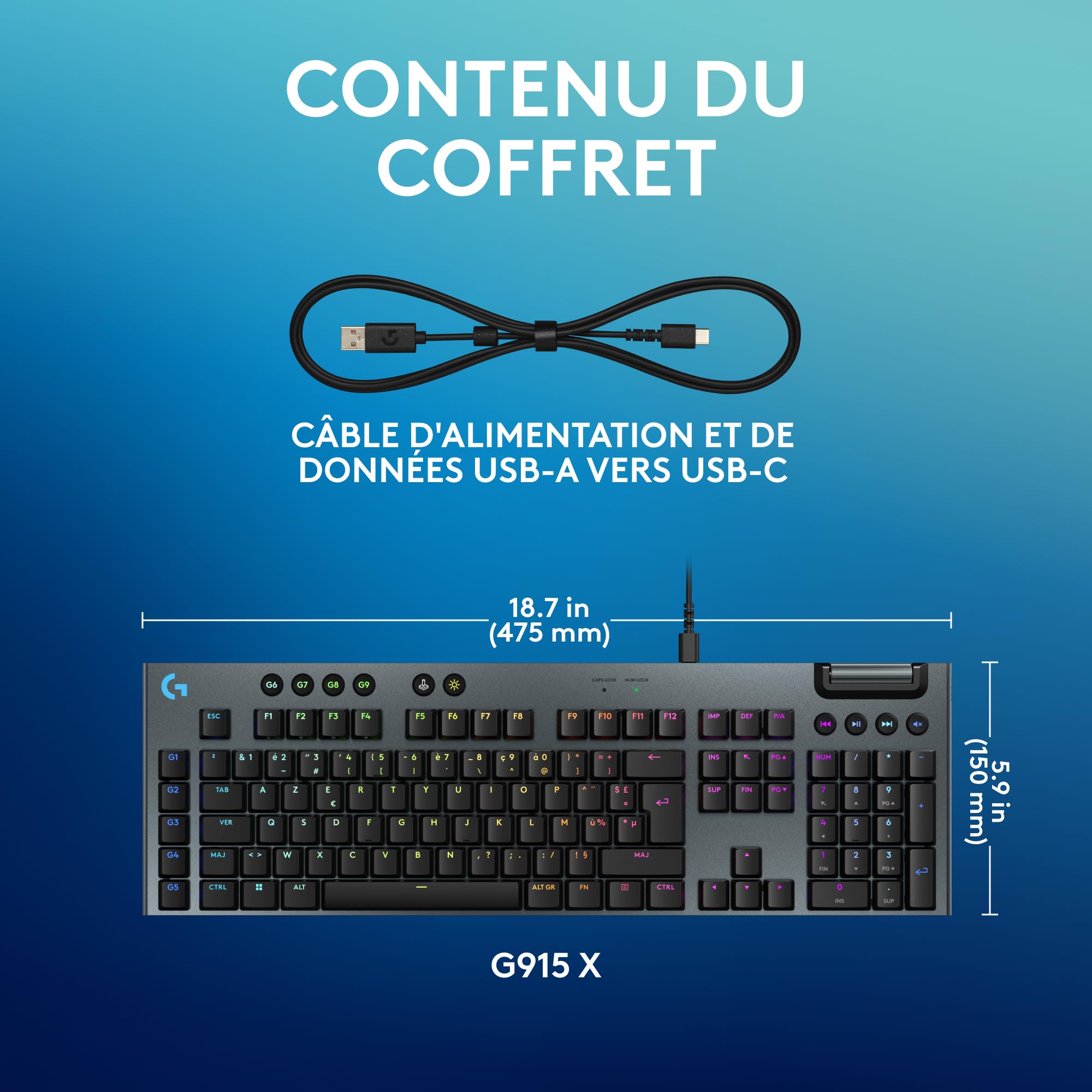 Logitech G G915 X Clavier Gaming mécanique Filaire Ultra-Plat, Touches PBT Double Couche, Touches entièrement programmables, éclairage RVB, switchs GL Brown Tactile, PC/Mac, Clavier FRA AZERTY - Noir