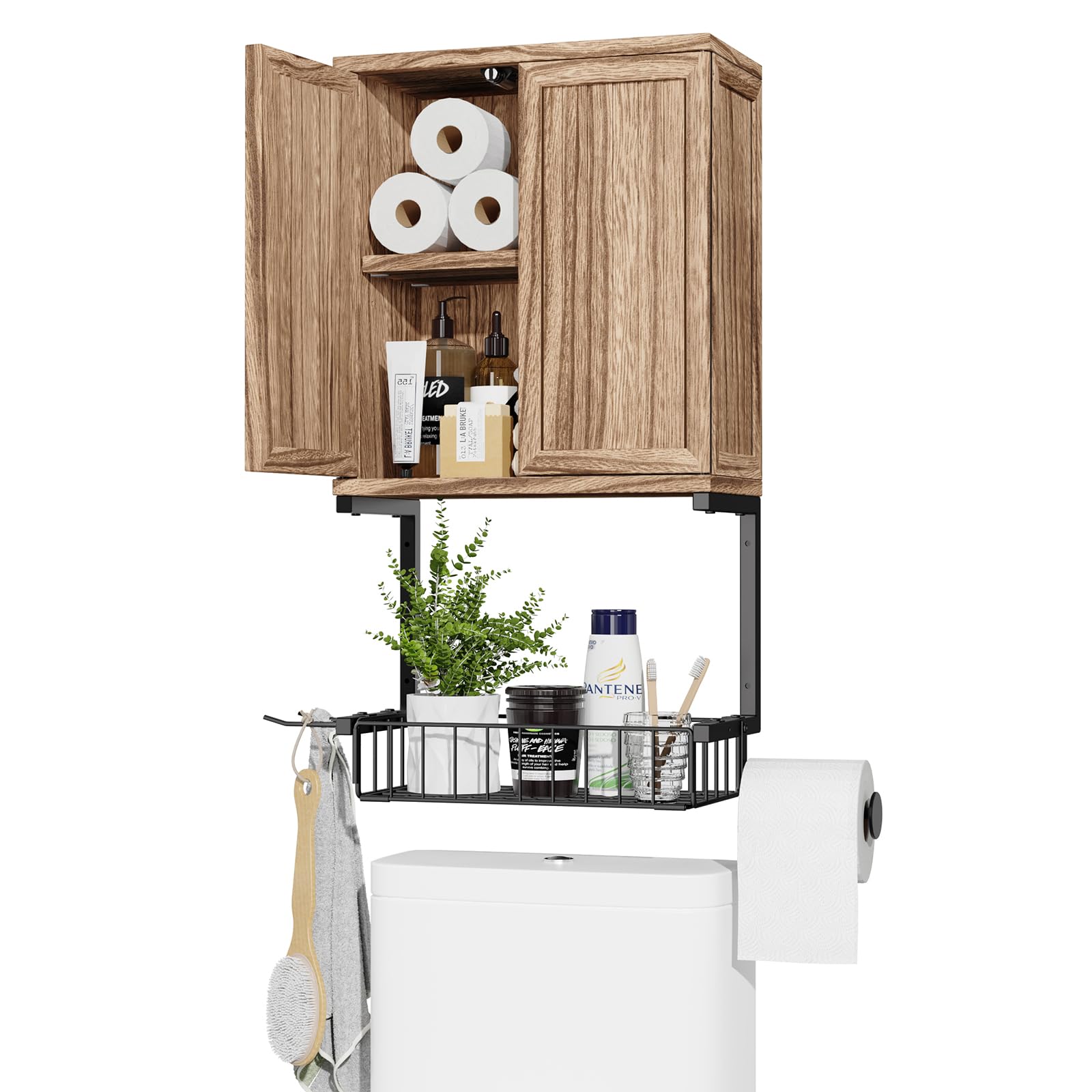 Yoimori Wall Cabinet with 2 Door and Adjustable Shelves, Farmhouse Medicine Cabinet with Toilet Paper Holder, Wall Mounted Storage Cabinet Over The