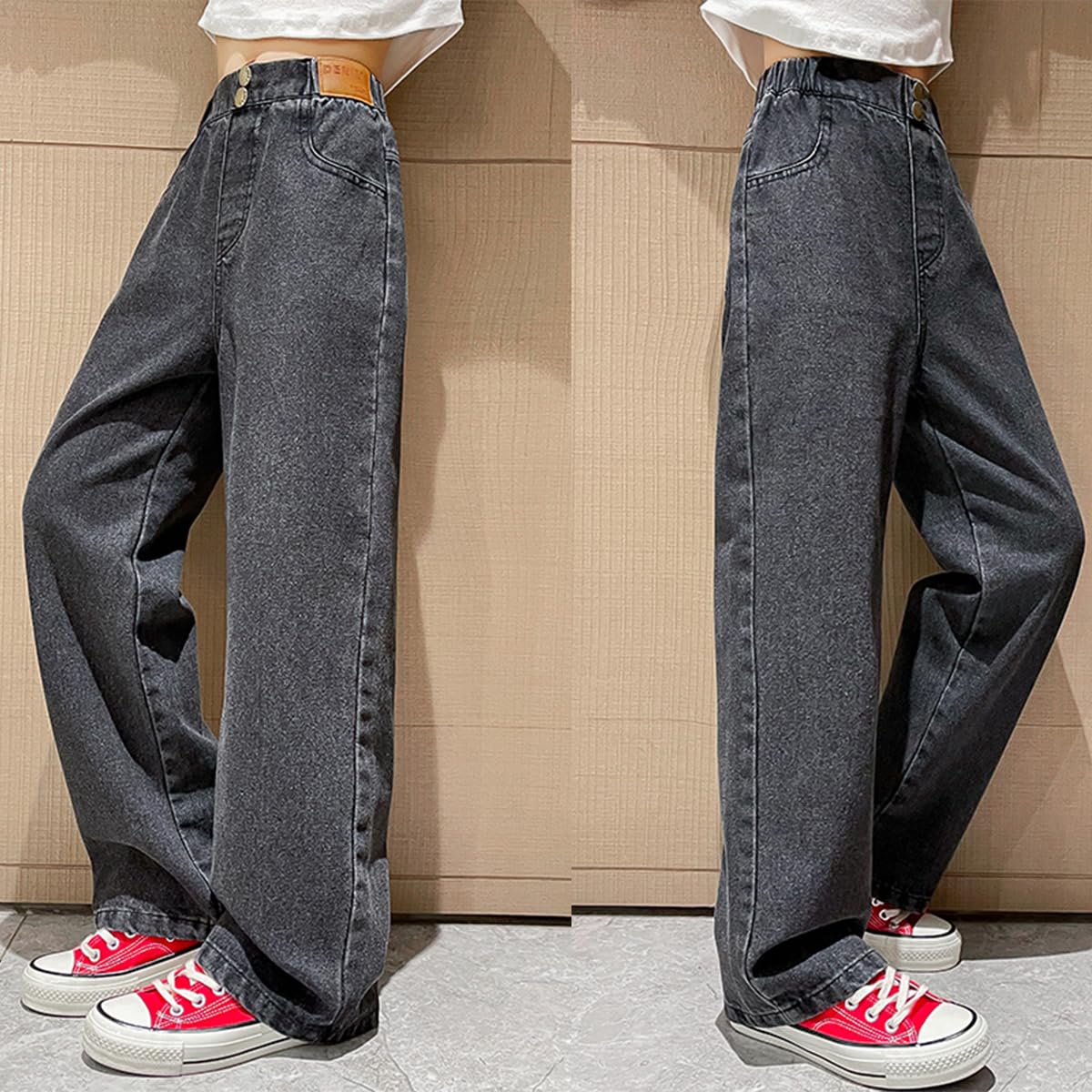 Jeans holgados para niñas y niñas, pantalones de mezclilla casuales de pierna ancha y cintura alta, talla 5-14 años