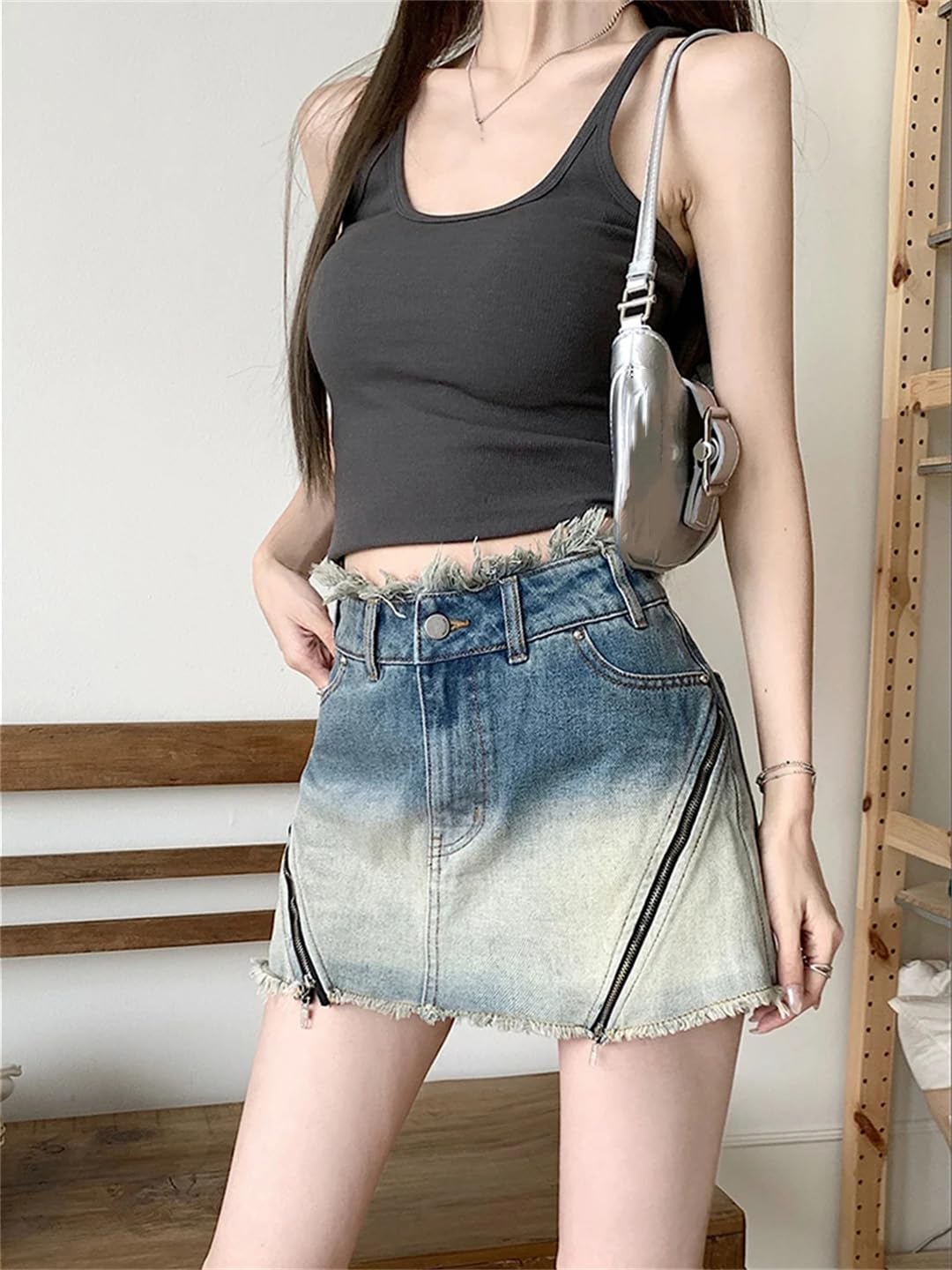 Gonne di jeans da donna a vita alta con cerniere a vita alta impiombata gamba larga A-Line Mini gonne di jeans