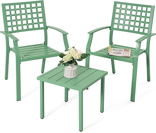 NUU GARDEN Juego de 3 piezas de bistró para exteriores, muebles de patio para todo tipo de clima con 2 sillas apilables de metal y mesa cuadrada,