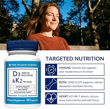 The Vitamin Shoppe Brand Vitamin D3 2500 IU & K2 90 mcg with Calcium, D3 K2 MK7 Capsules for Bone Health, Immune Support & Cardiovascular Health. Gluten Free, 60 Capsules