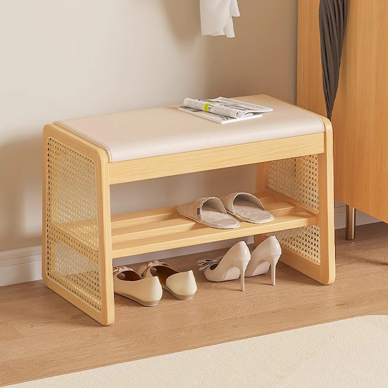 Banc de rangement en bois et cuir PU aux finitions premium