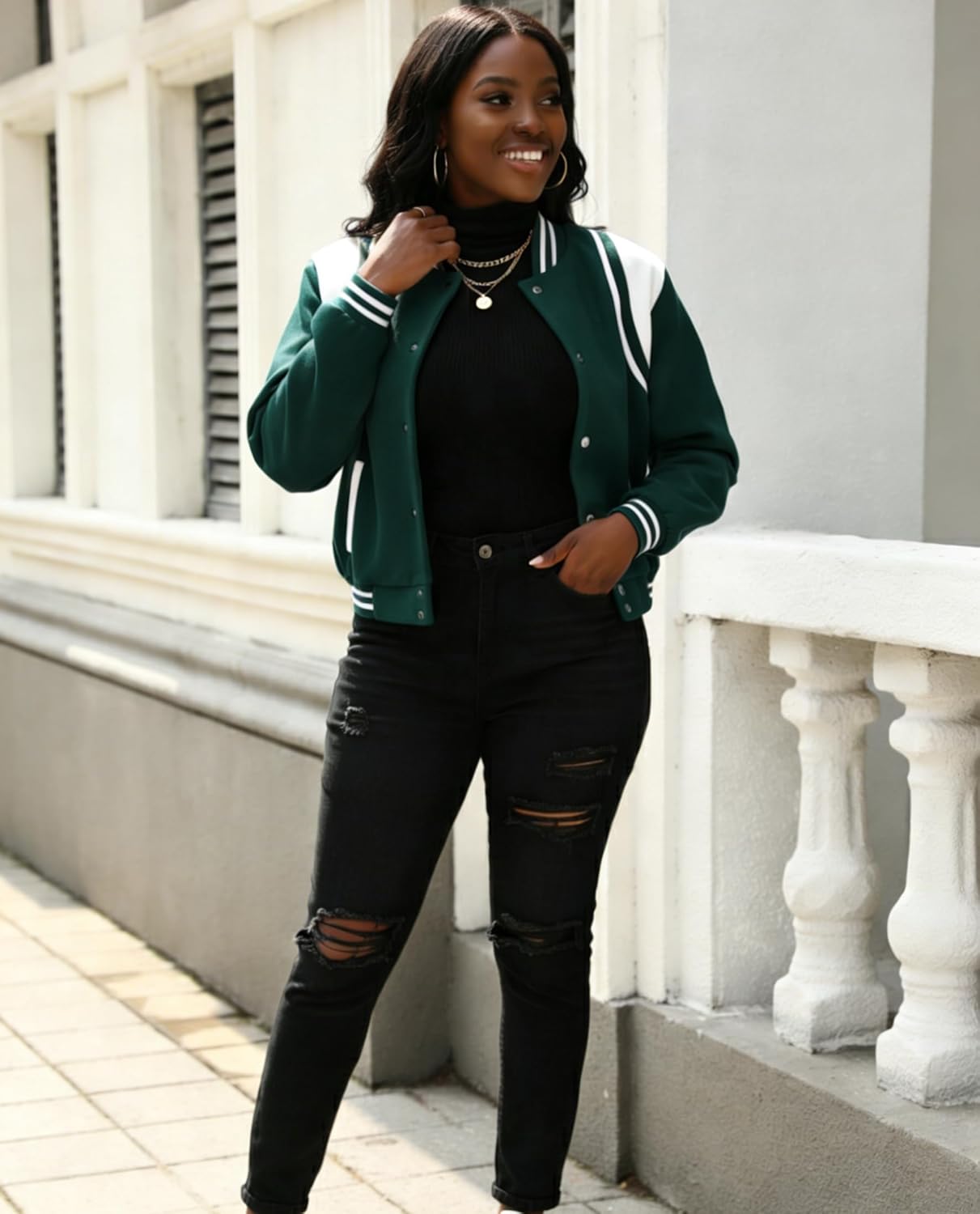 Fooullaide Womens Bomber Varsity Jacket Letterman Long Sleeve Button Down Baseball School Uniform Coat Streetwear - Image 5