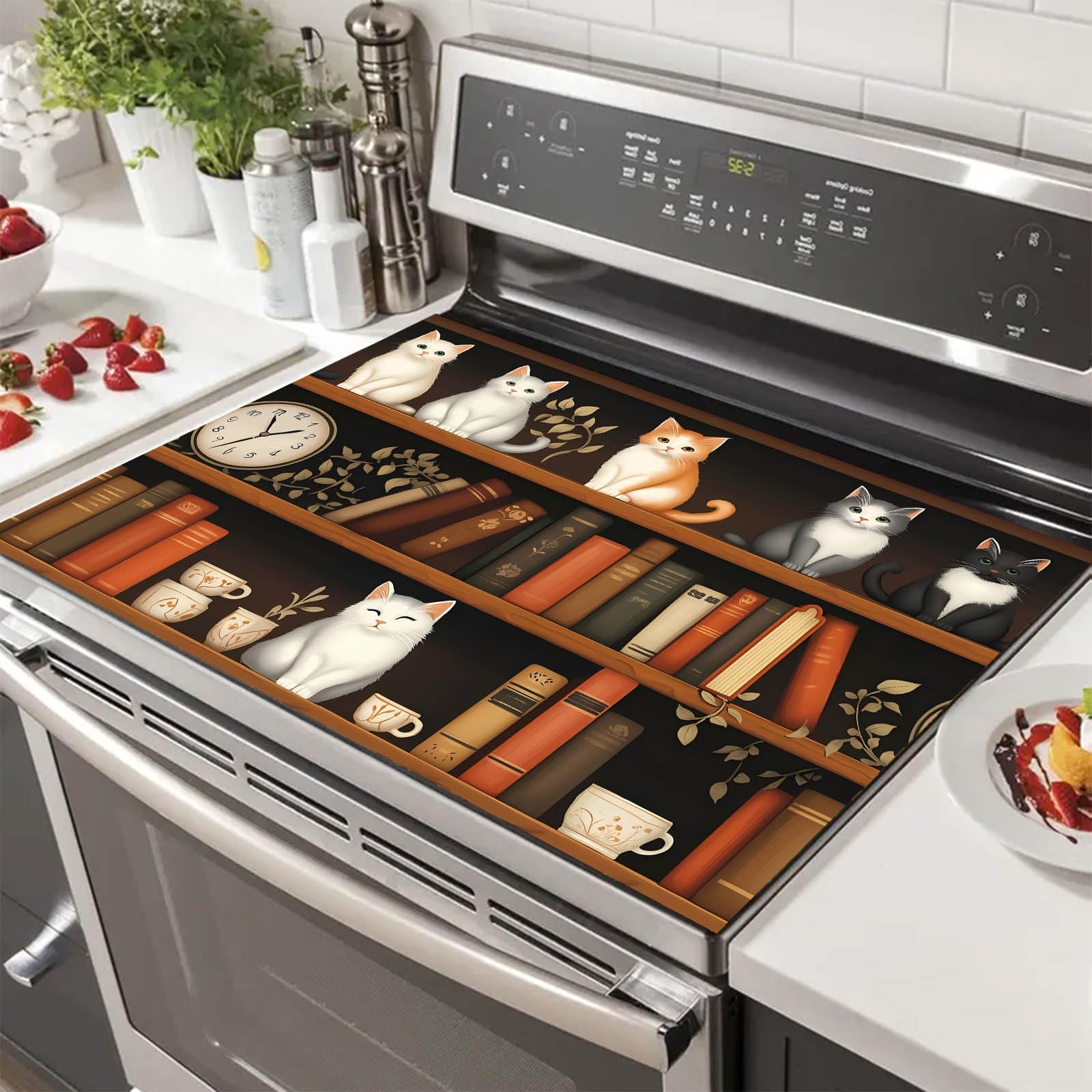 HOMETITUTE Stove Top Covers for Electric 28x20 Inches Cute Bookshelf Cat Illustration Design Heat Resistant Cooktop Cover Countertop Protector Dish Drying Mats for Kitchen Coffee Bar Decorations