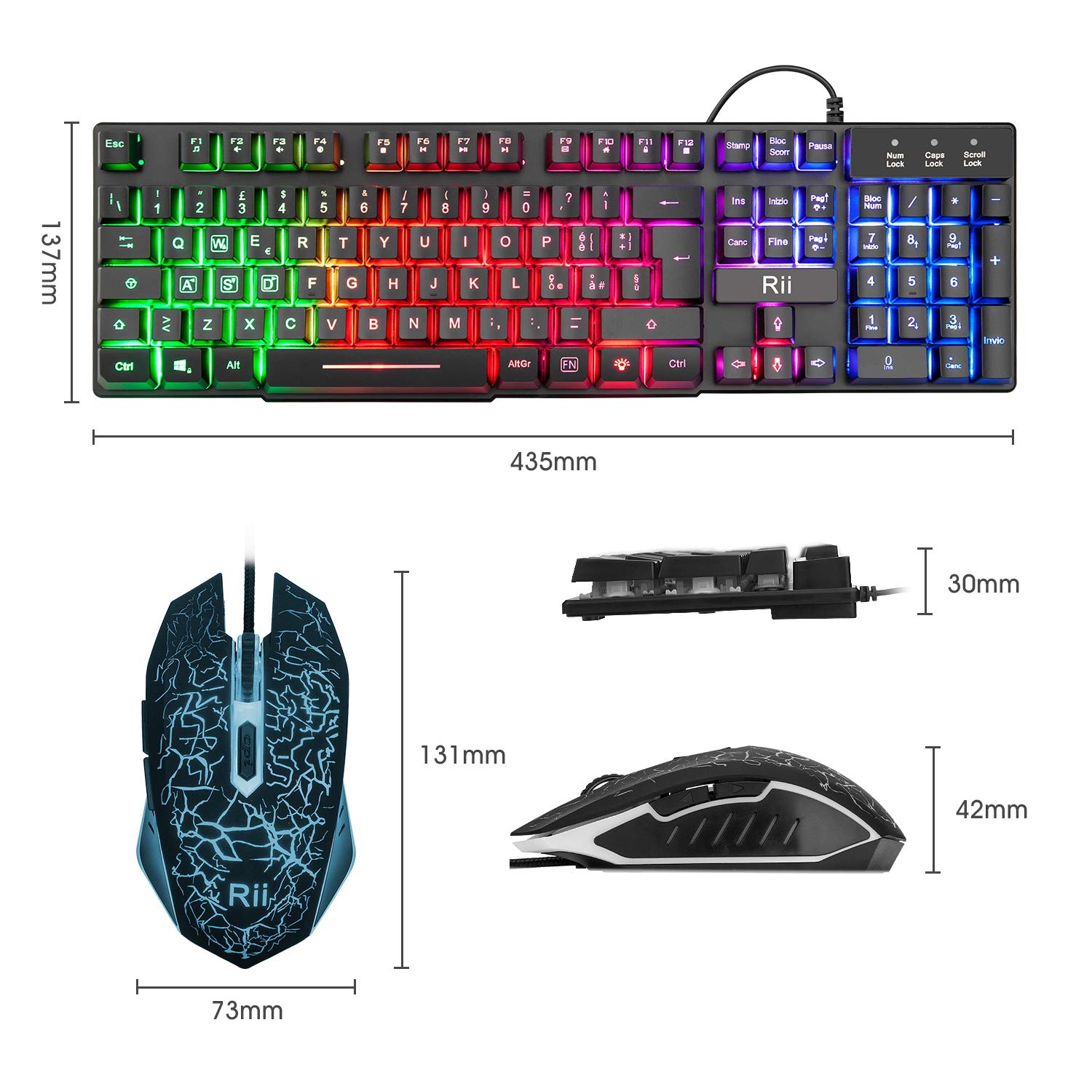 Rii Gaming RK108 (Layout Italiano) - Set Tastiera RK100+ e Mouse da Gioco, retroilluminati a LED, sensibilità Regolabile Fino a 3.200 DPI