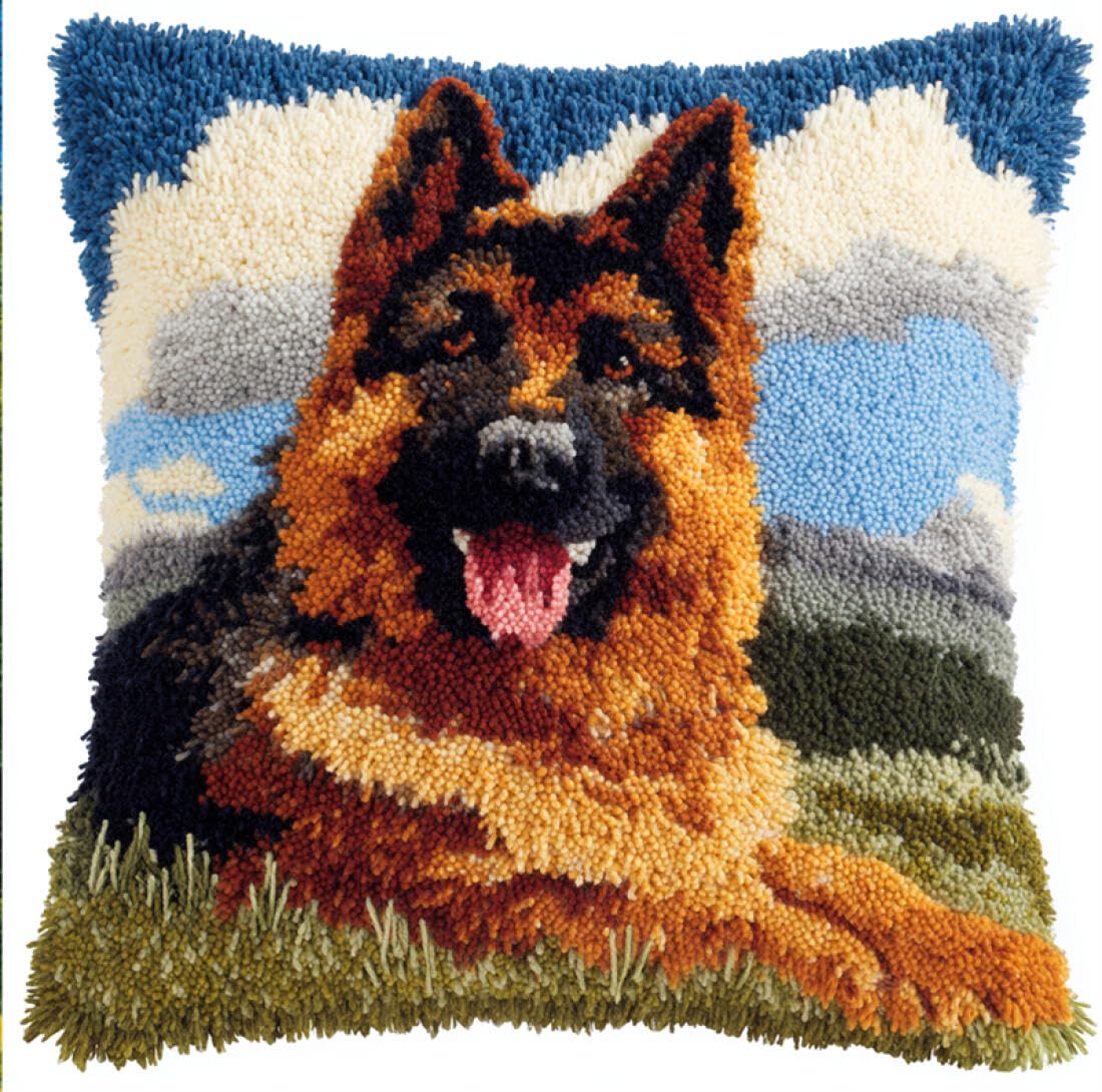 Kitquiver I Animal Latch Hook Pillow Kit Cartoon German Shepherd Diy Latch Hook Kits Pillow Needlepoint Cushion Kit For Home Décor Needlework Set For Adult Beginners 17X17in